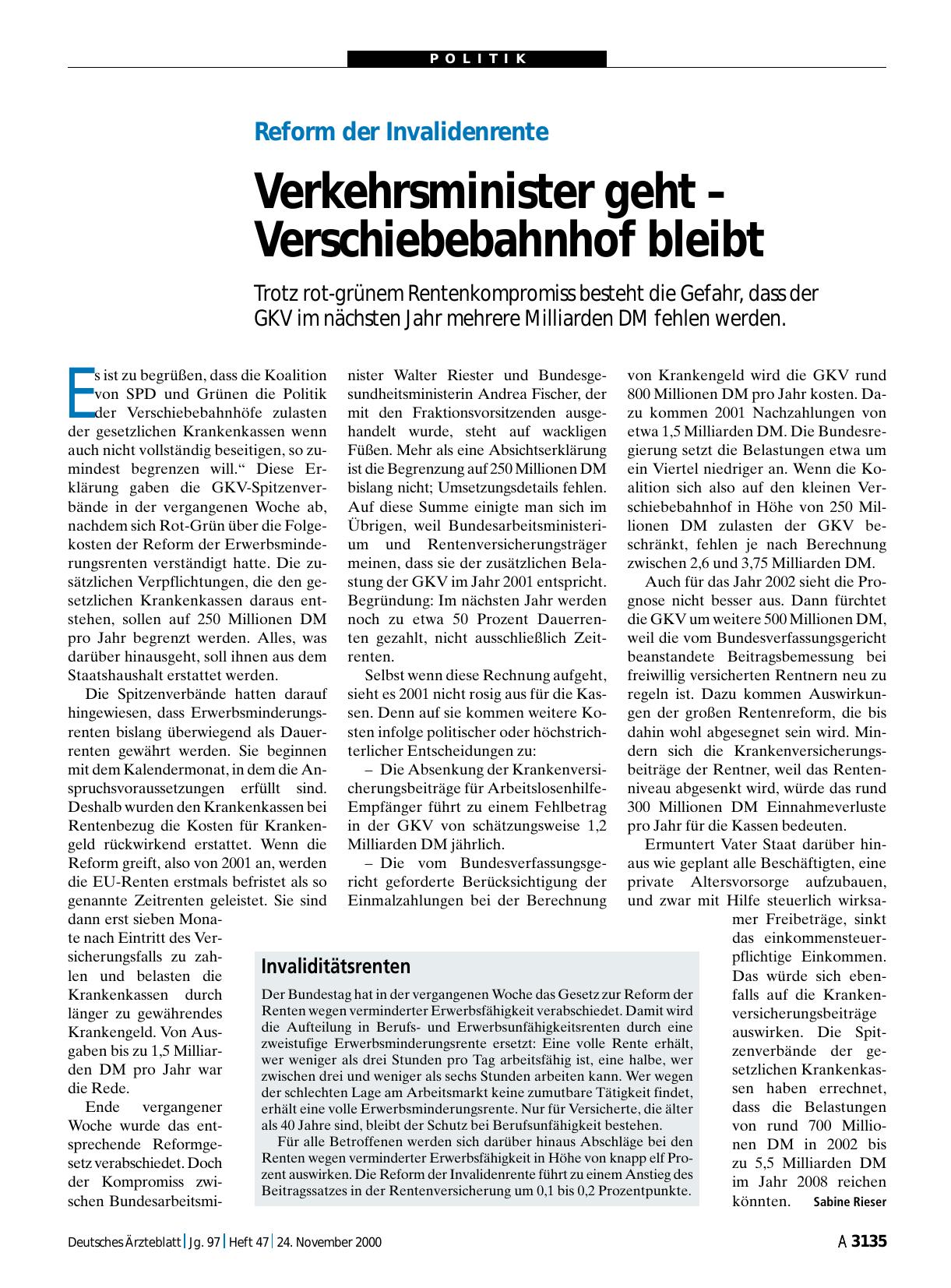 Vorschauseite 1: Reform der Invalidenrente: Verkehrsminister geht – Verschiebebahnhof bleibt