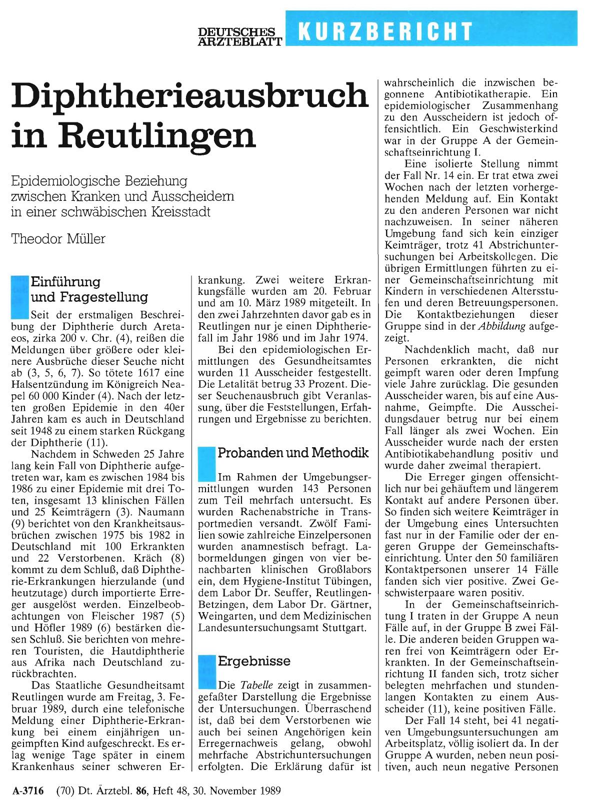 Vorschauseite 1: Diphtherieausbruch in Reutlingen: Epidemiologische Beziehung zwischen Kranken und Ausscheidem in einer schwäbischen Kreisstad