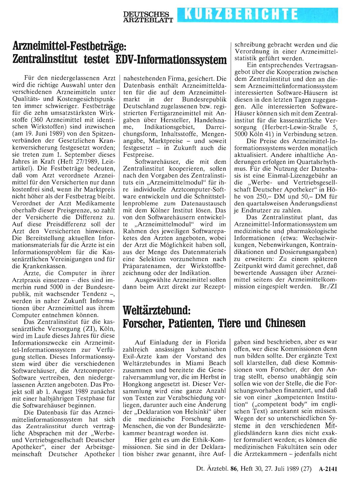 Vorschauseite 1: Arzneimittel-Festbeträge: Zentralinstitut testet EDV-Informationssystem