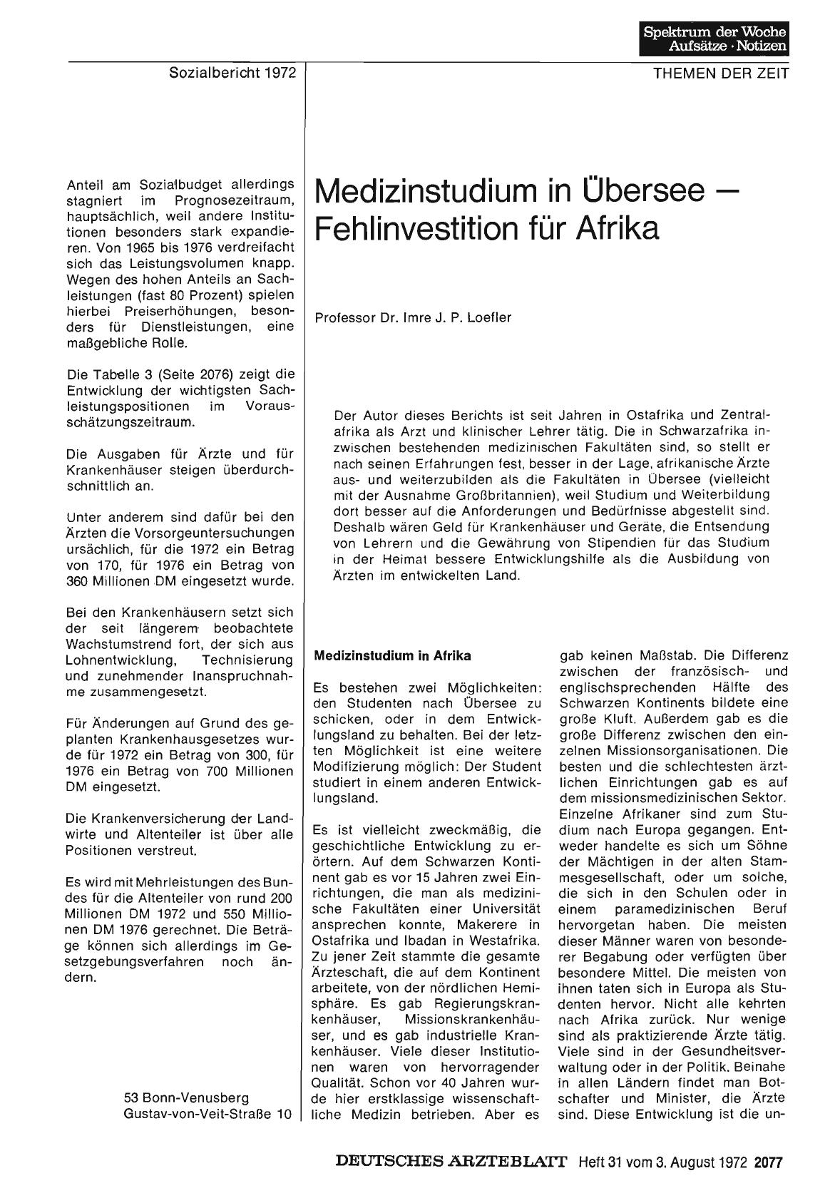 Vorschauseite 1: Medizinstudium in Übersee — Fehlinvestition für Afrika