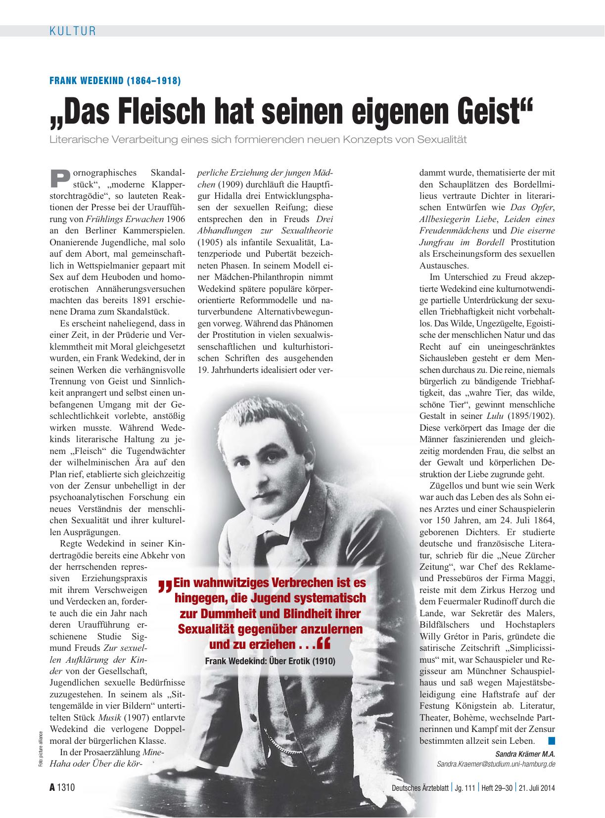 Vorschauseite 1: Frank Wedekind (1864–1918): „Das Fleisch hat seinen eigenen Geist“