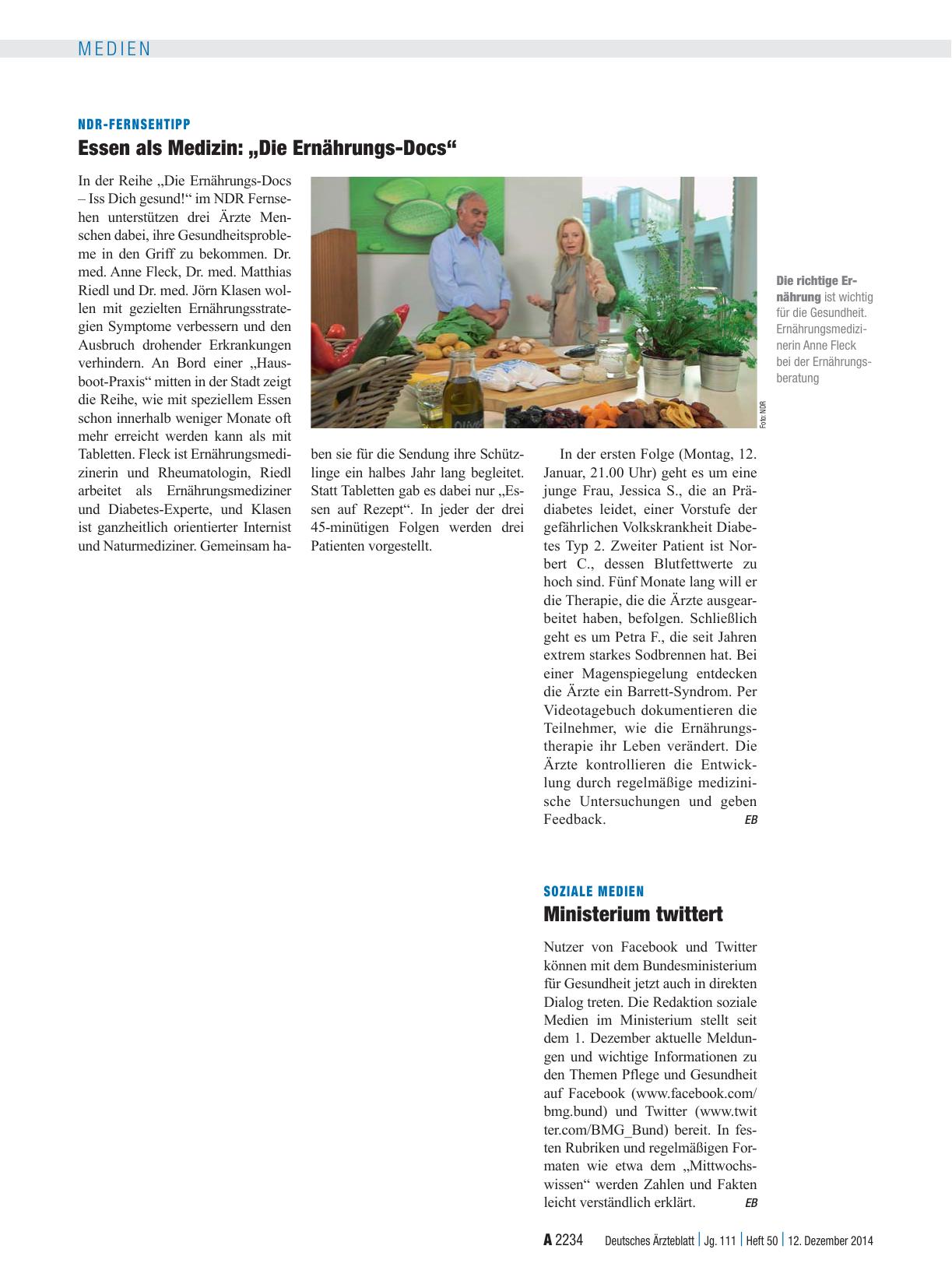 Vorschauseite 1: NDR-Fernsehtipp – Essen als Medizin: „Die Ernährungs-Docs“