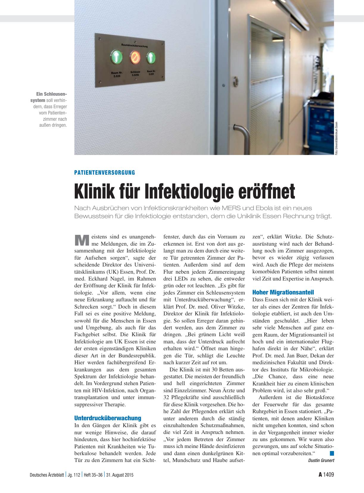 Vorschauseite 1: Patientenversorgung: Klinik für Infektiologie eröffnet