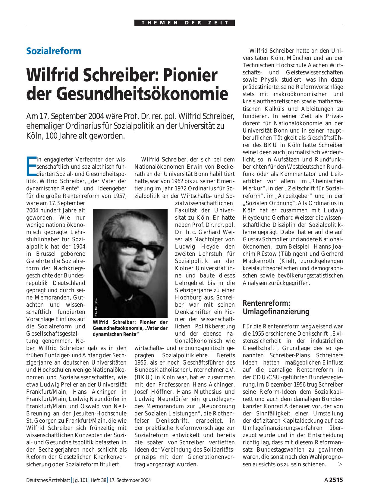 Vorschauseite 1: Sozialreform: Wilfrid Schreiber - Pionier der Gesundheitsökonomie