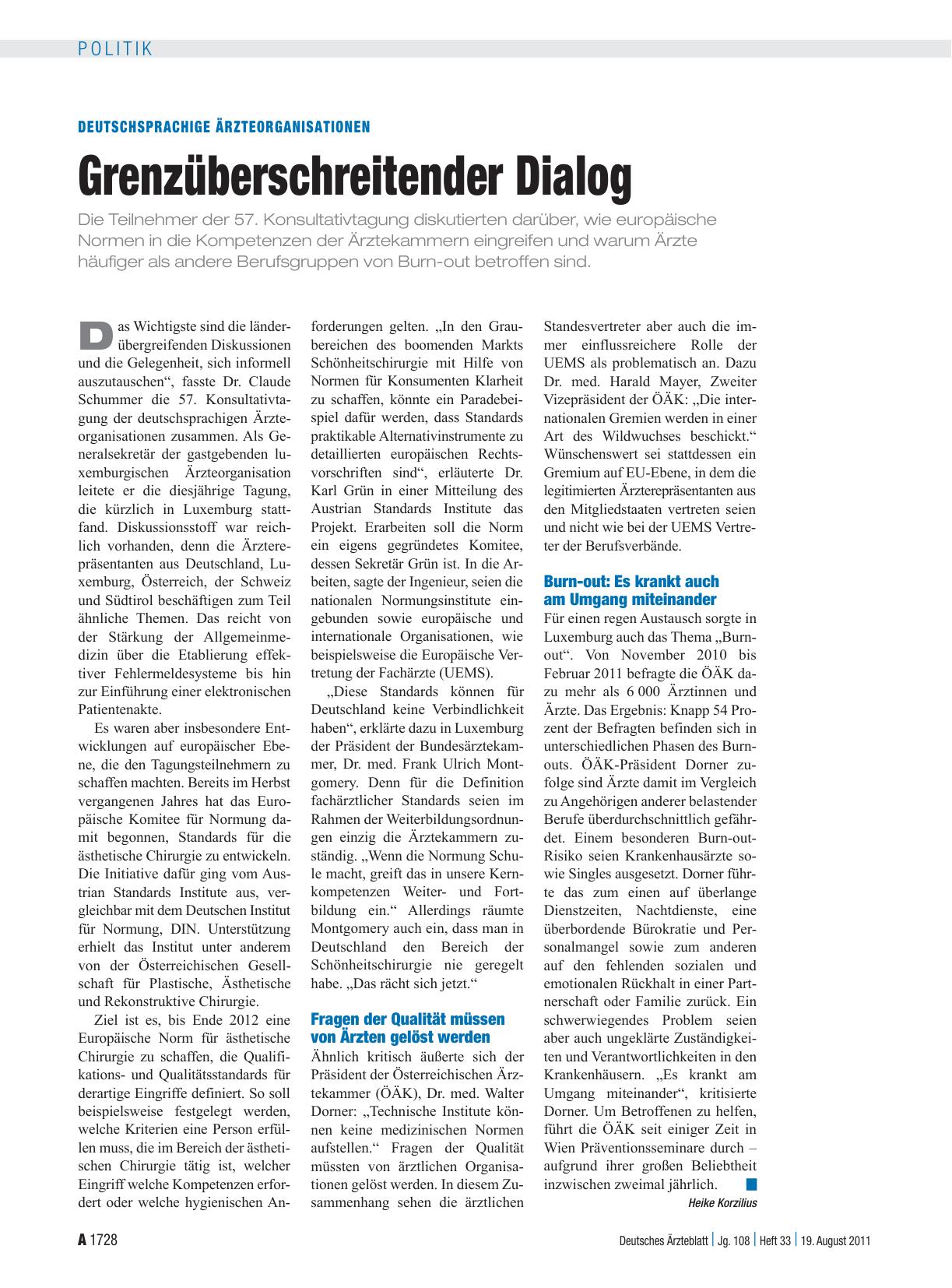 Vorschauseite 1: Deutschsprachige Ärzteorganisationen: Grenzüberschreitender Dialog