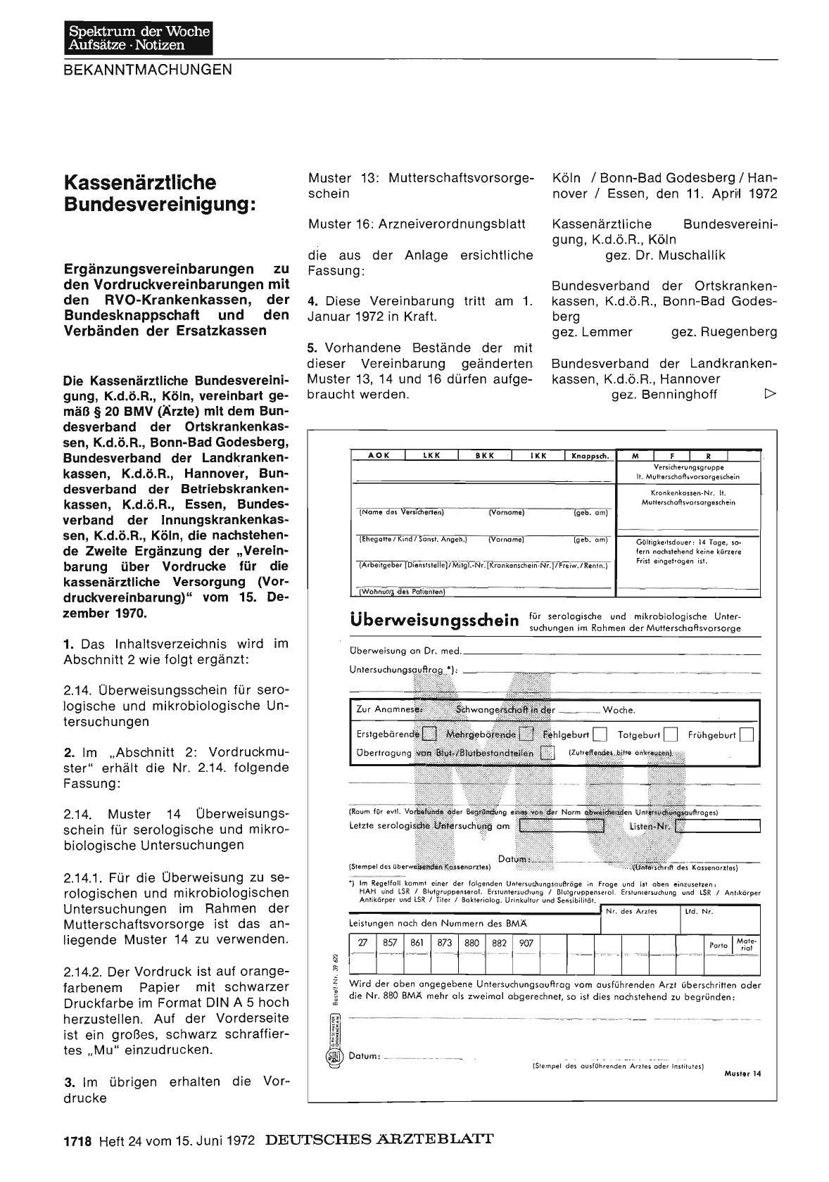 Vorschauseite 1: Kassenärztliche Bundesvereinigung: Ergänzungsvereinbarungen zu den Vordruckvereinbarungen mit den RVO-Krankenkassen, der Bundesknappschaft und den Verbänden der Ersatzkassen