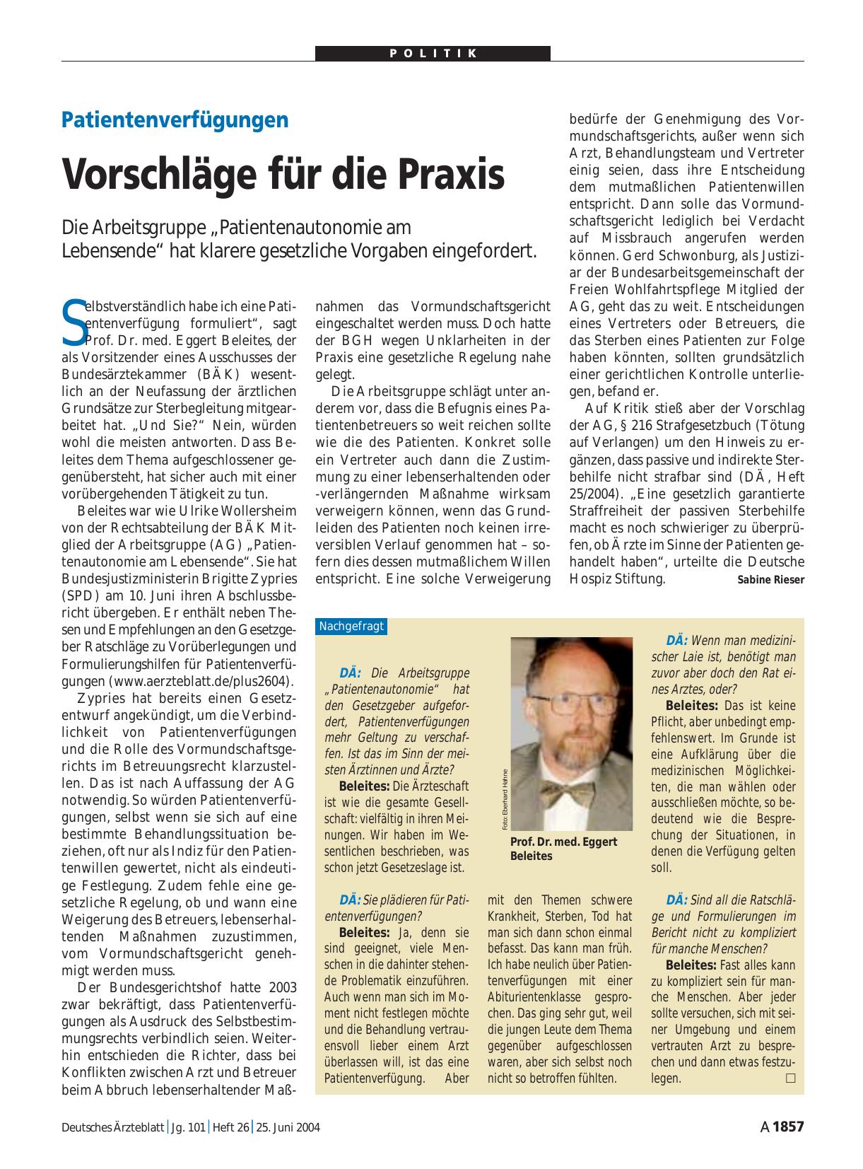 Vorschauseite 1: Patientenverfügungen: Vorschläge für die Praxis