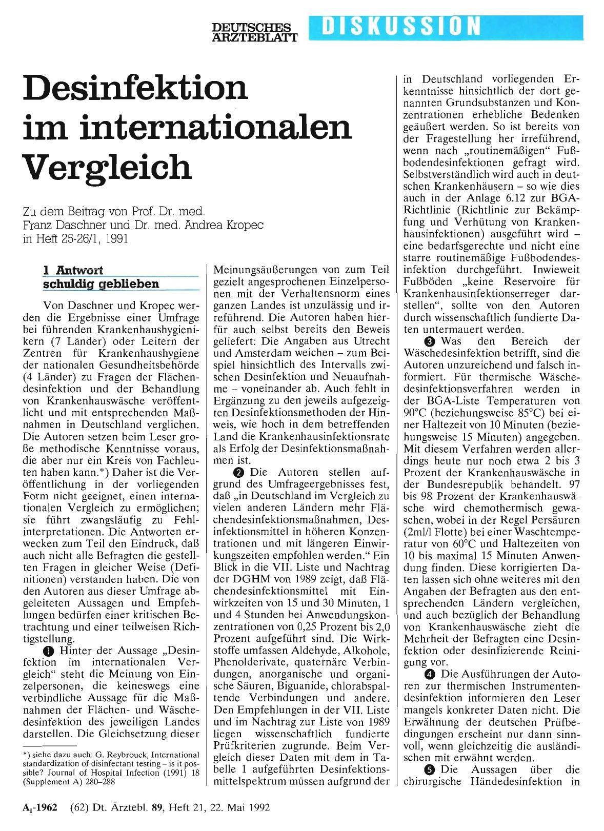 Vorschauseite 1: Desinfektion im internationalen Vergleich: 1 Antwort schuldig geblieben