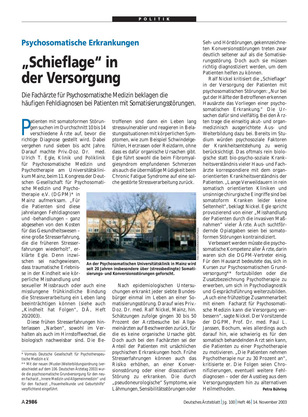 Vorschauseite 1: Psychosomatische Erkrankungen: „Schieflage“ in der Versorgung