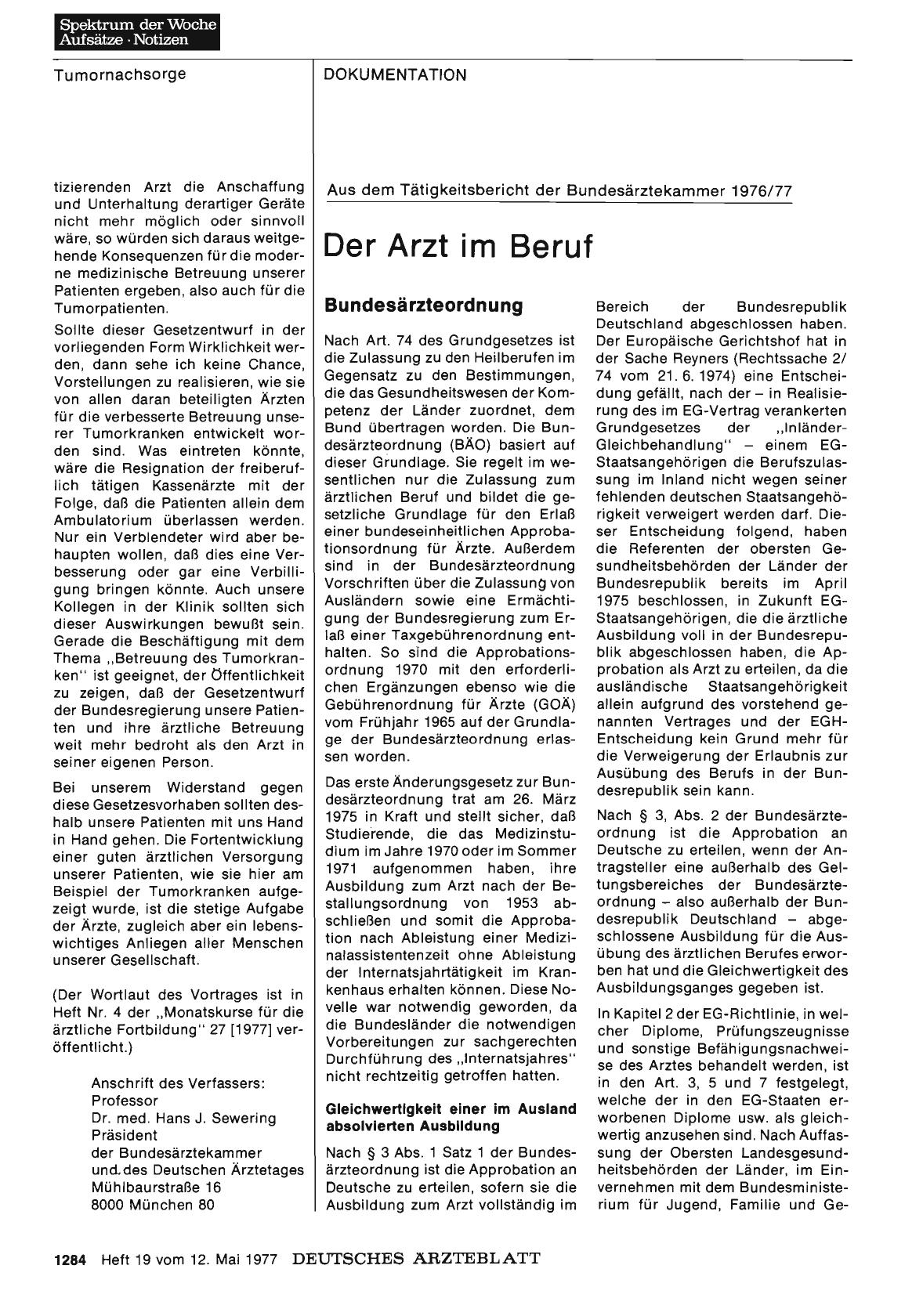 Vorschauseite 1: Aus dem Tätigkeitsbericht der Bundesärztekammer 1976/77: Der Arzt im Beruf - Teil 2