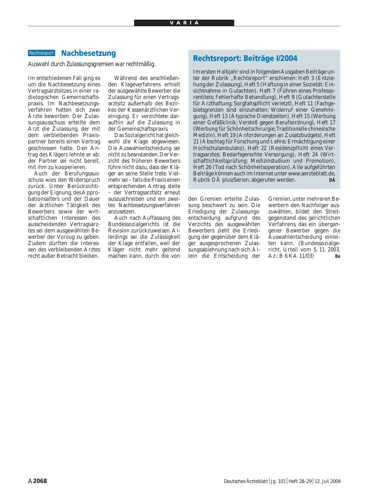 Vorschauseite 1: Rechtsreport: Beiträge I/2004