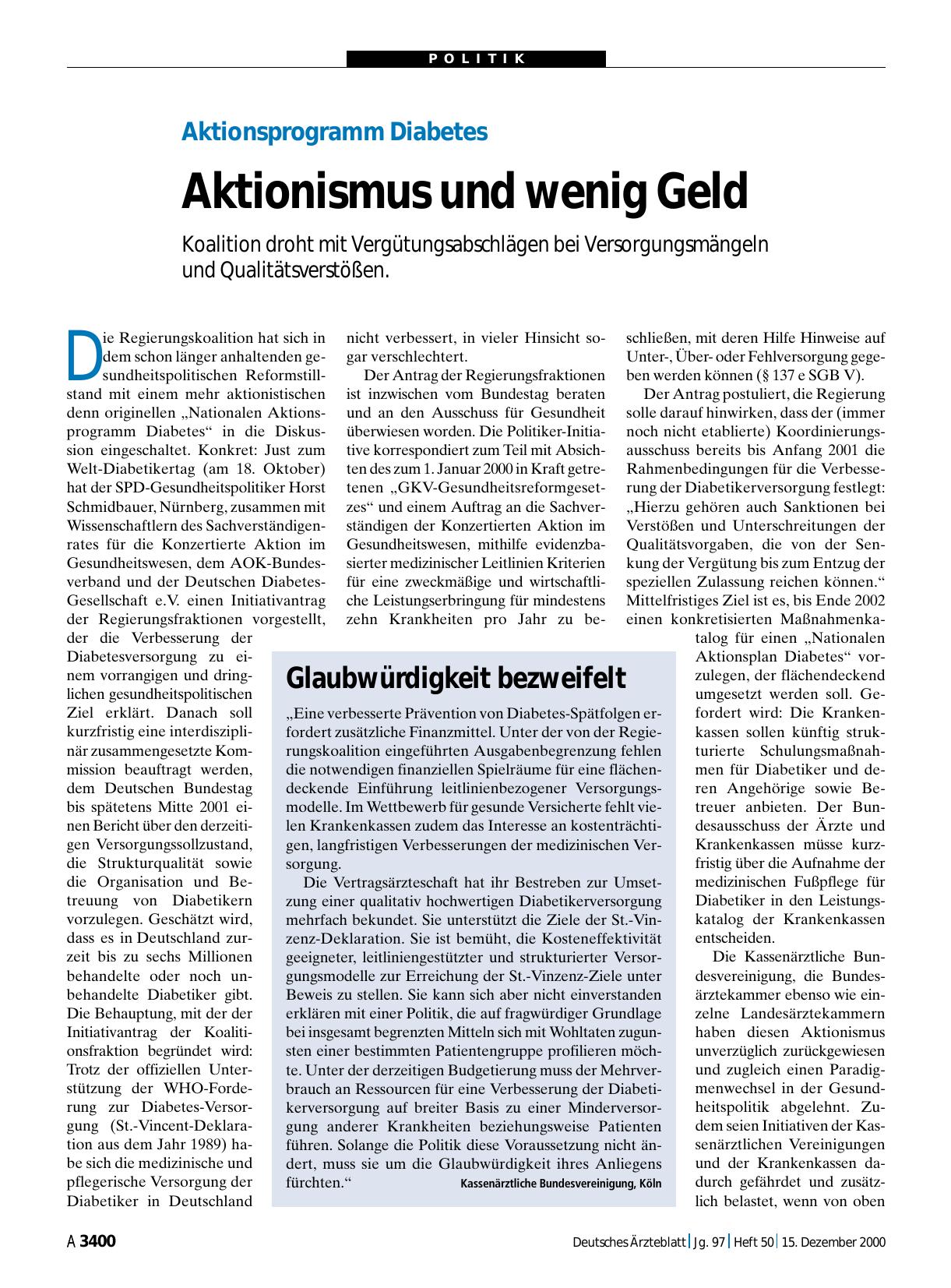 Vorschauseite 1: Aktionsprogramm Diabetes: Aktionismus und wenig Geld