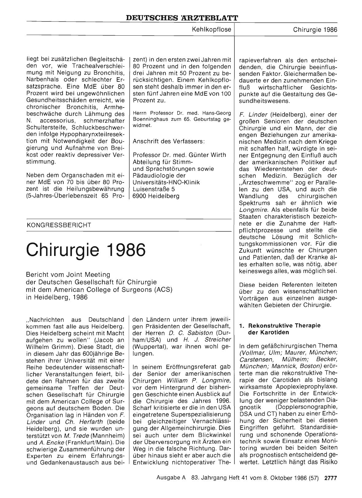 Vorschauseite 1: Chirurgie 1986: Bericht vom Joint Meeting der Deutschen Gesellschaft für Chirurgie mit dem American College of Surgeons (ACS) in Heidelberg, 1986