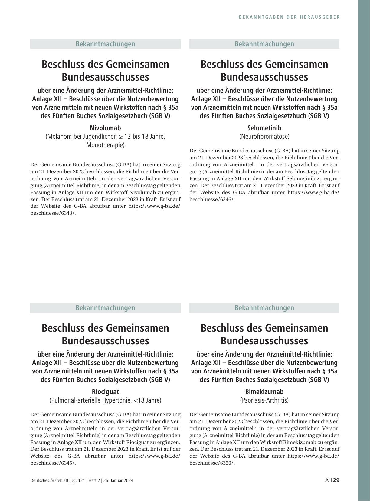 Vorschauseite 1: Beschluss des Gemeinsamen Bundesausschusses über eine Änderung der Arzneimittel-Richtlinie: Anlage XII – Bimekizumab (Psoriasis-Arthritis)