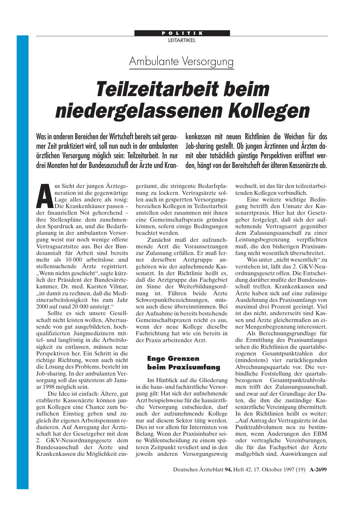 Vorschauseite 1: Ambulante Versorgung: Teilzeitarbeit beim niedergelassenen Kollegen