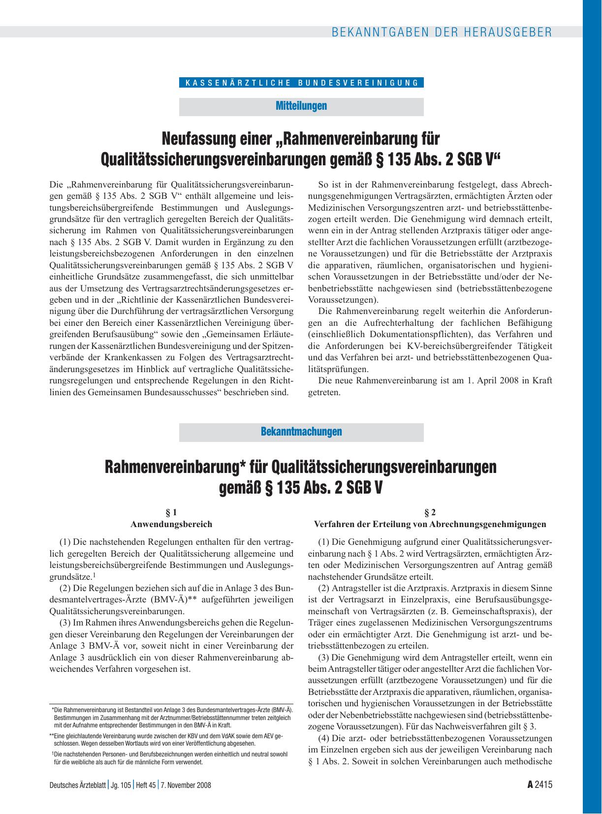 Vorschauseite 1: Mitteilungen: Neufassung einer „Rahmenvereinbarung für Qualitätssicherungsvereinbarungen gemäß § 135 Abs. 2 SGB V“