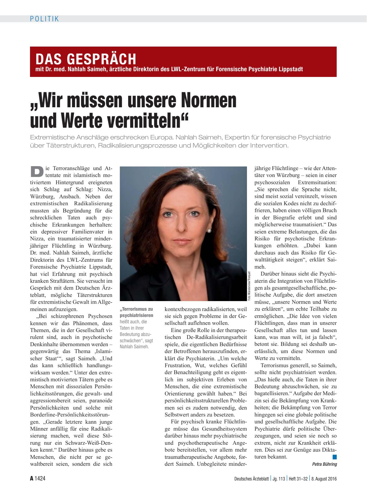 Vorschauseite 1: Gespräch mit Dr. med. Nahlah Saimeh, ärztliche Direktorin des LWL-Zentrum für Forensische Psychiatrie Lippstadt „Wir müssen unsere Normen und Werte vermitteln“
