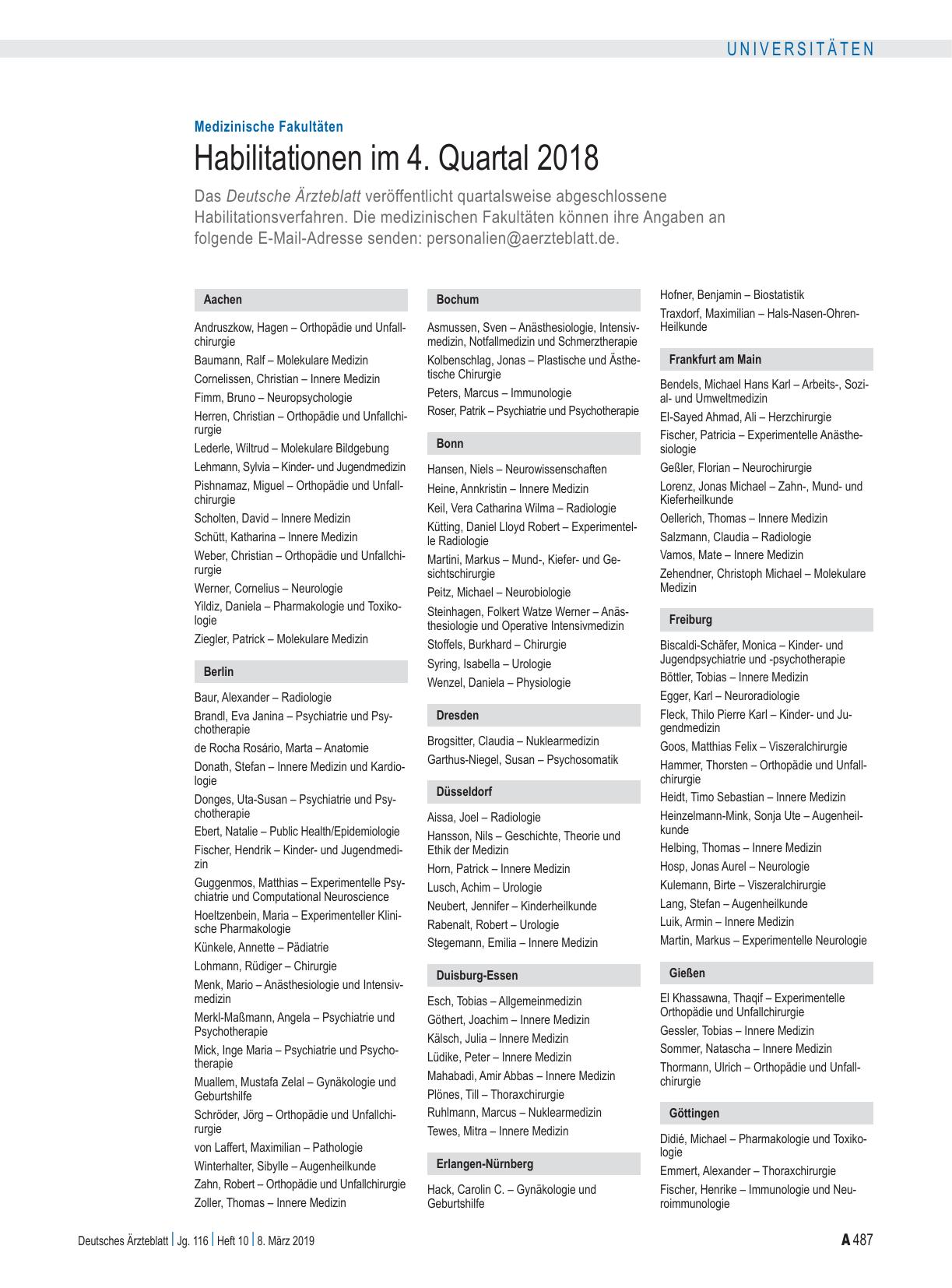 Vorschauseite 1: Medizinische Fakultäten: Habilitationen im 4. Quartal 2018