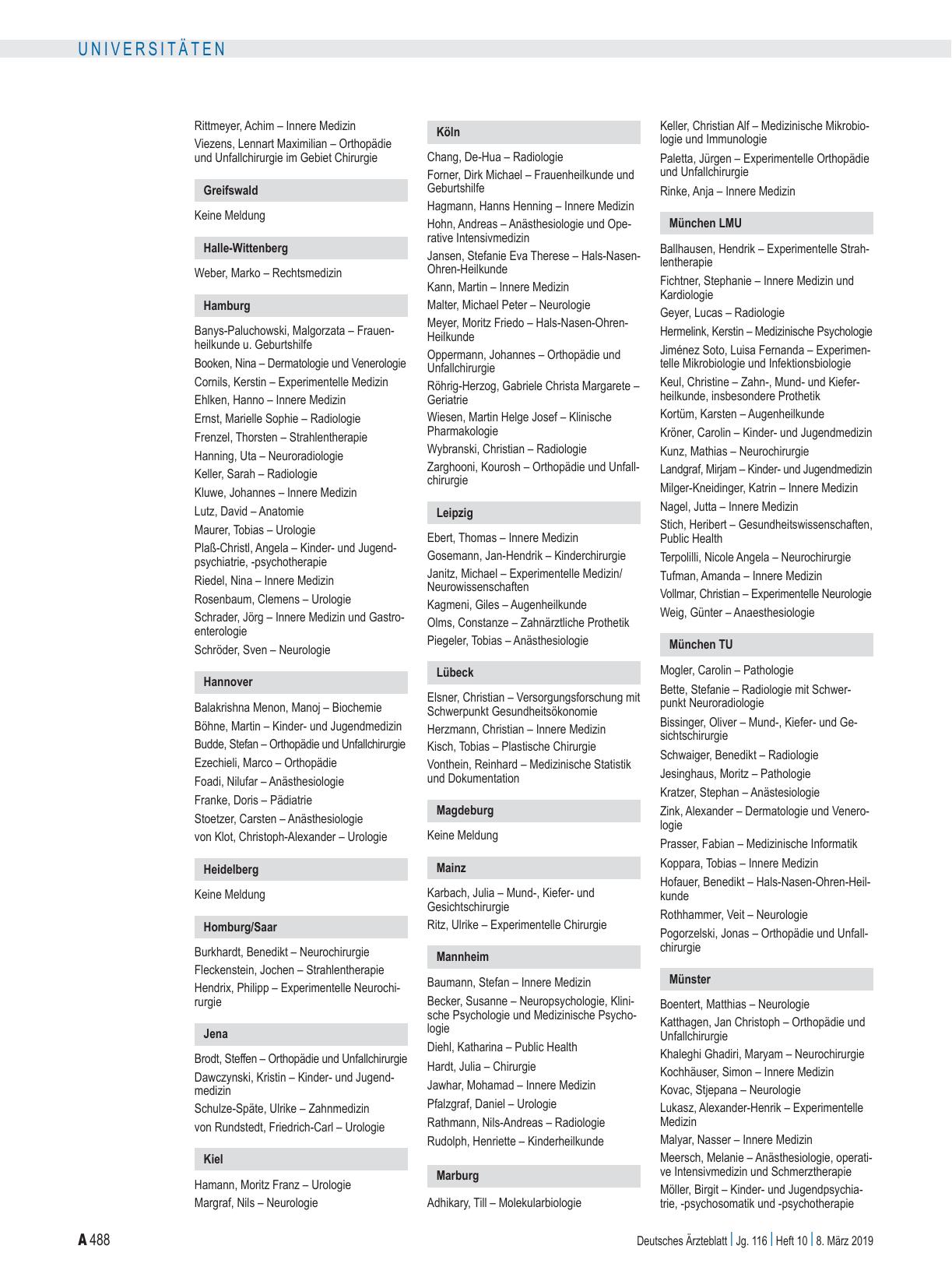 Vorschauseite 2: Medizinische Fakultäten: Habilitationen im 4. Quartal 2018