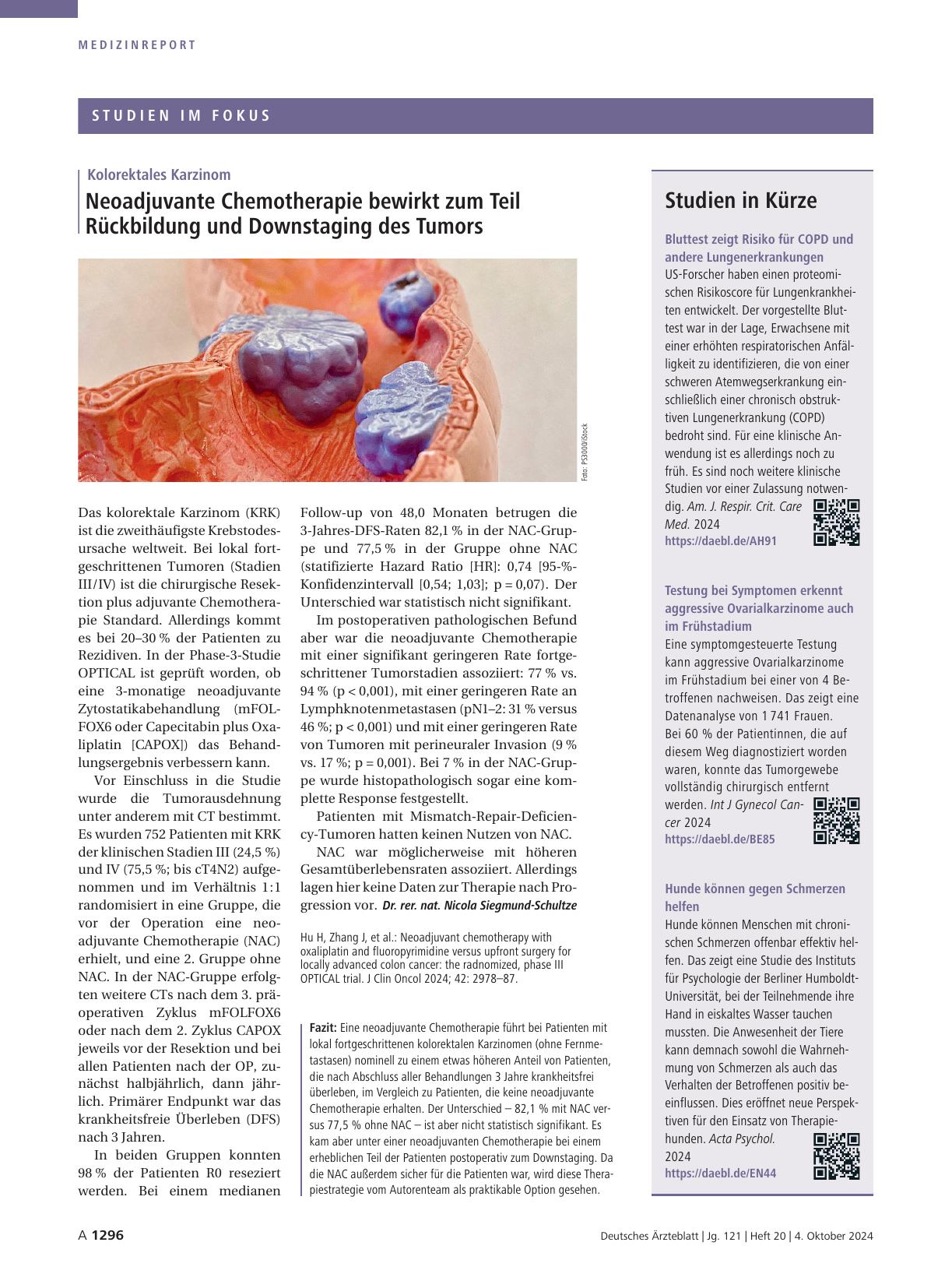 Vorschauseite 1: Kolorektales Karzinom: Neoadjuvante Chemotherapie bewirkt zum Teil Rückbildung und Downstaging des Tumors