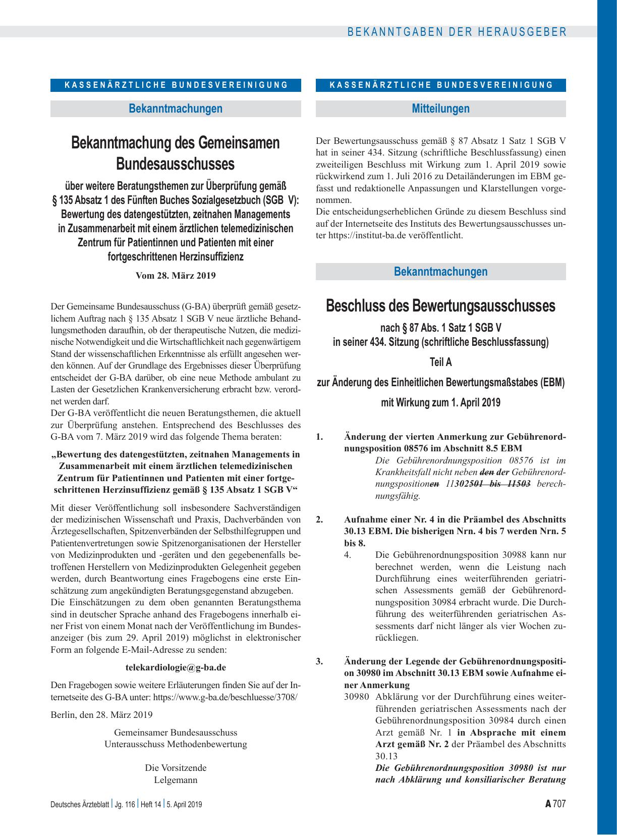 Vorschauseite 1: Bekanntmachung des Gemeinsamen Bundesausschusses über weitere Beratungsthemen zur Überprüfung gemäß § 135 Absatz 1 des Fünften Buches Sozialgesetzbuch (SGB V): Bewertung des daten…
