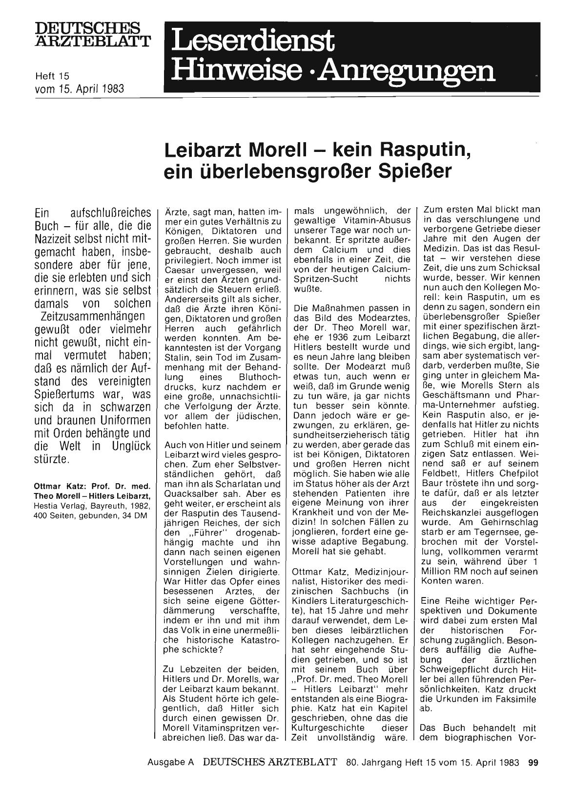Vorschauseite 1: Leibarzt Morell — kein Rasputin, ein überlebensgroßer Spießer