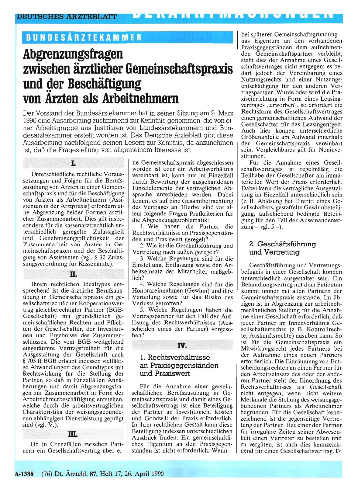 Vorschauseite 1: Abgrenzungsfragen zwischen ärztlicher Gemeinschaftspraxis und der Beschäftigung von Ärzten als Arbeitnehmern