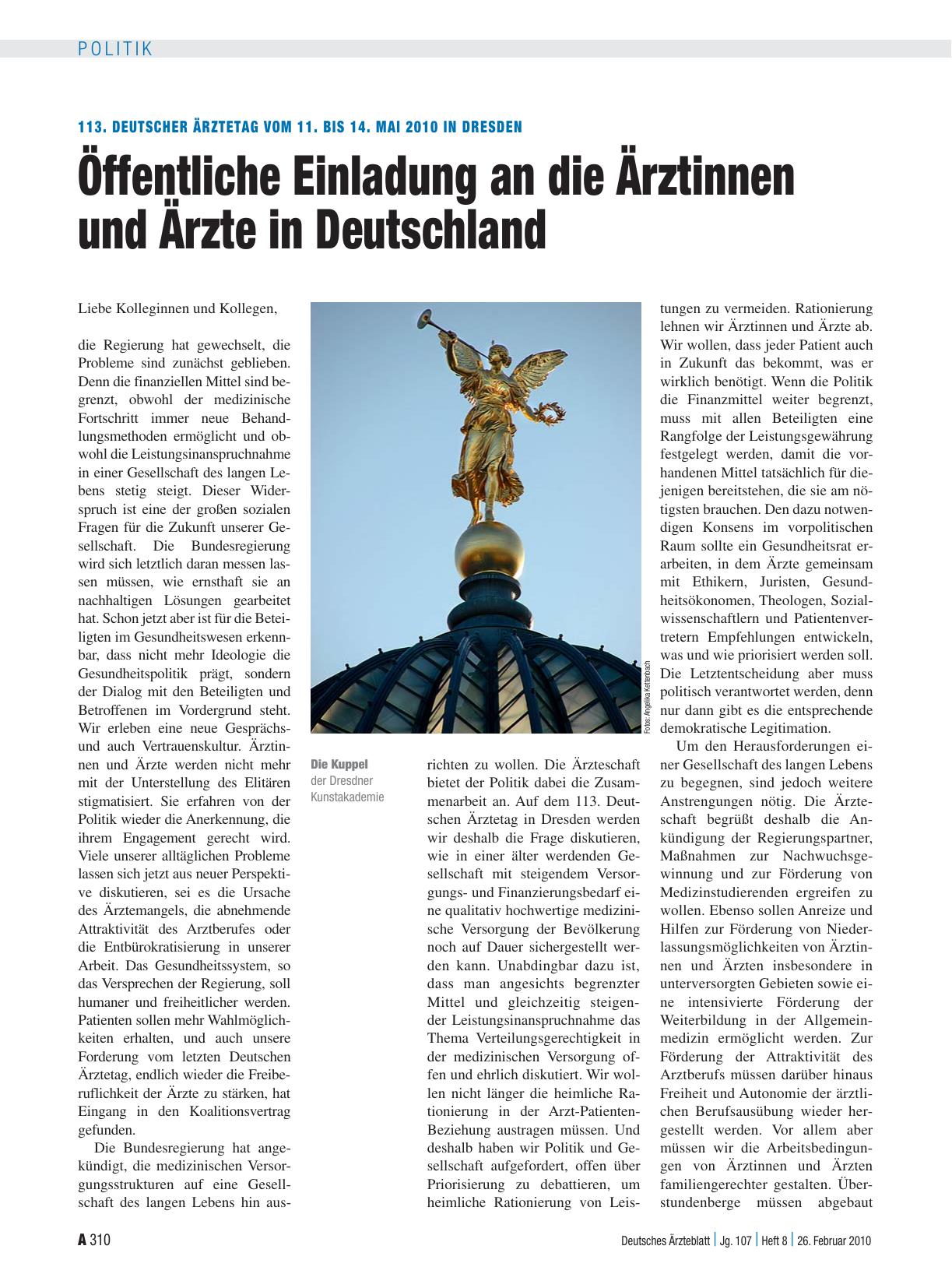 Vorschauseite 1: 113. Deutscher Ärztetag vom 11. bis 14. Mai 2010 in Dresden: Öffentliche Einladung an die Ärztinnen und Ärzte in Deutschland