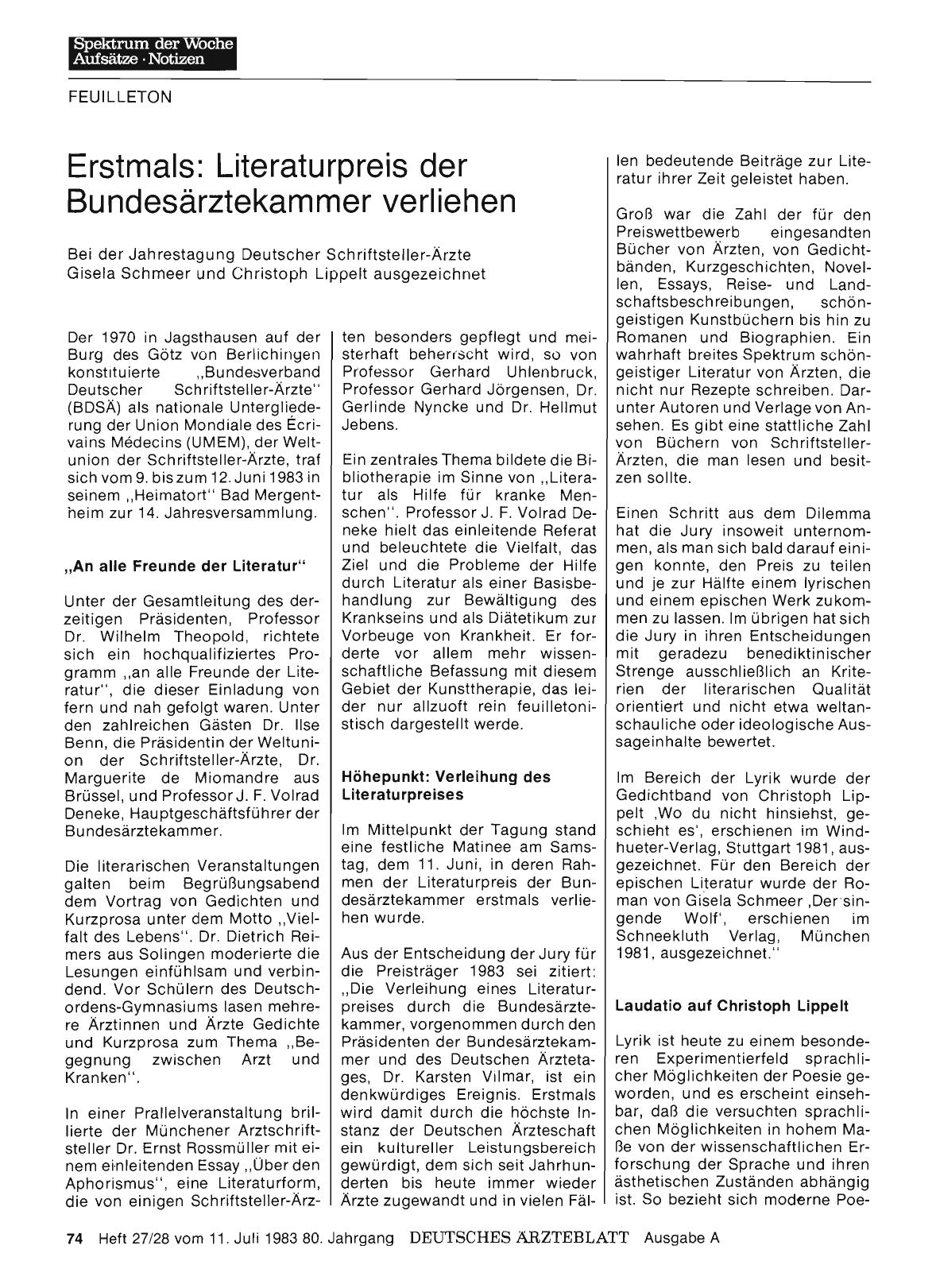 Vorschauseite 1: Erstmals: Literaturpreis der Bundesärztekammer verliehen