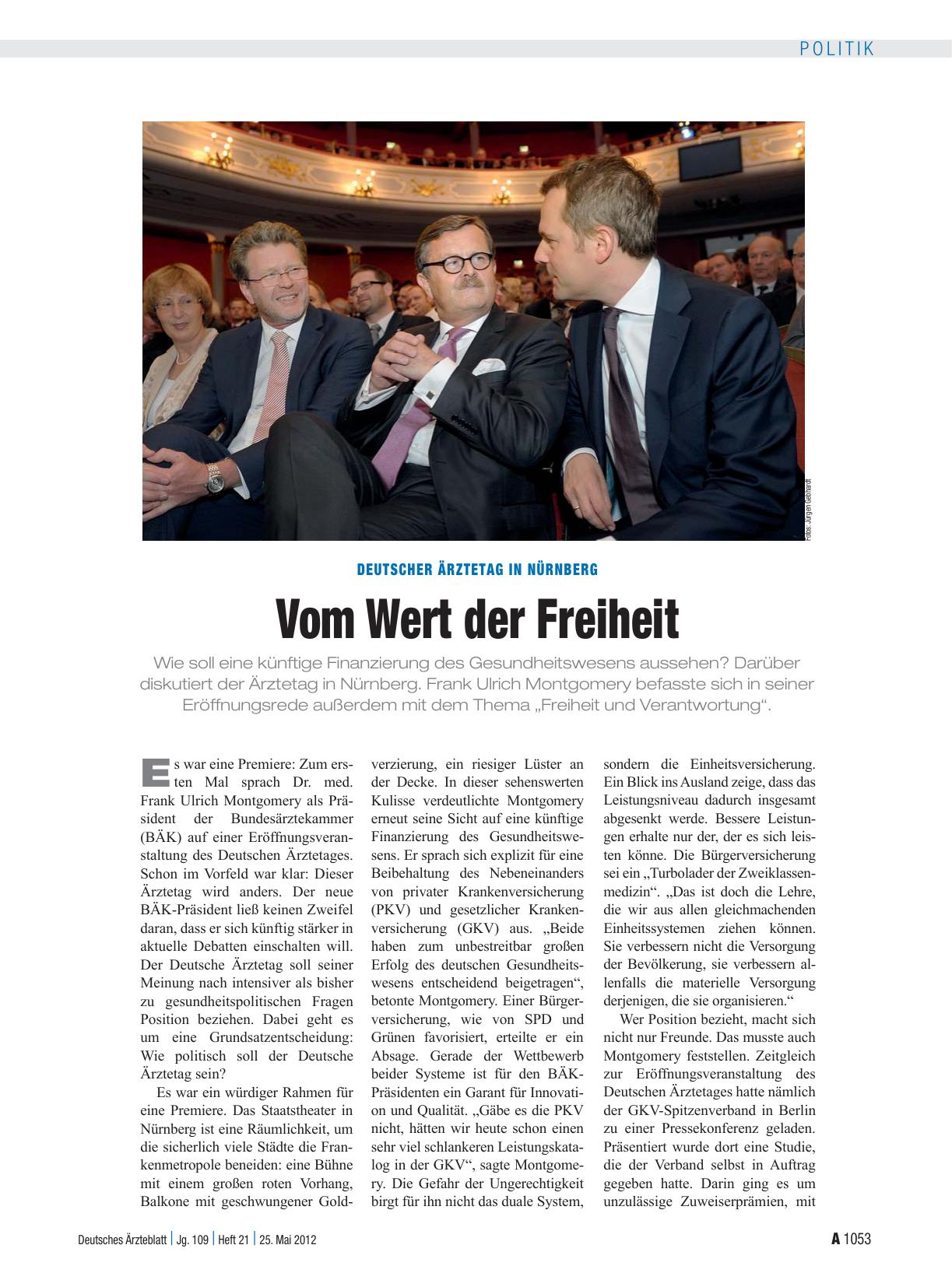 Vorschauseite 1: Deutscher Ärztetag in Nürnberg: Vom Wert der Freiheit