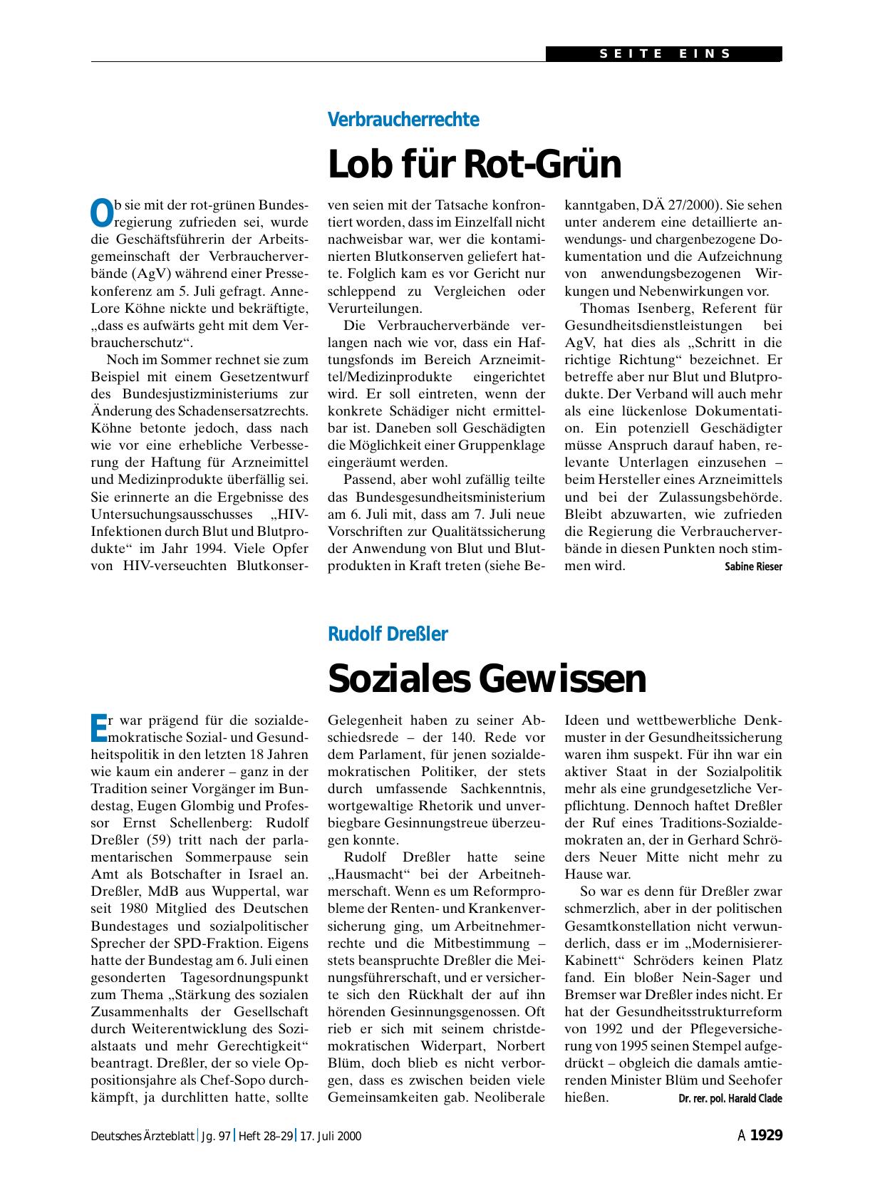 Vorschauseite 1: Verbraucherrechte: Lob für Rot-Grün