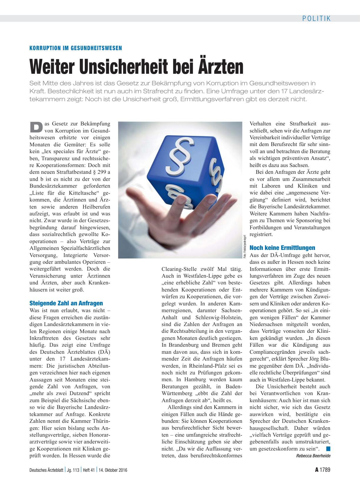Vorschauseite 1: Korruption im Gesundheitswesen: Weiter Unsicherheit bei Ärzten