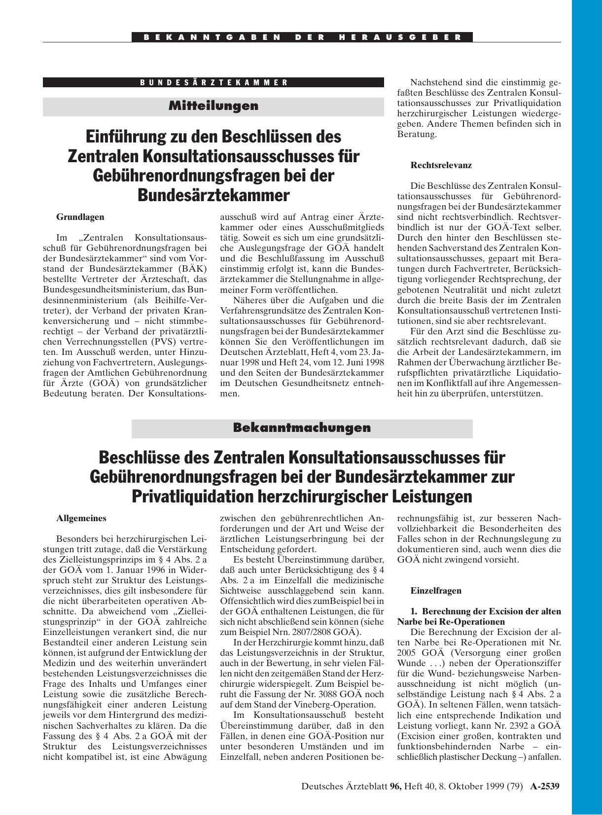 Vorschauseite 1: Beschlüsse des Zentralen Konsultationsausschusses für Gebührenordnungsfragen bei der Bundesärztekammer zur Privatliquidation herzchirurgischer Leistungen