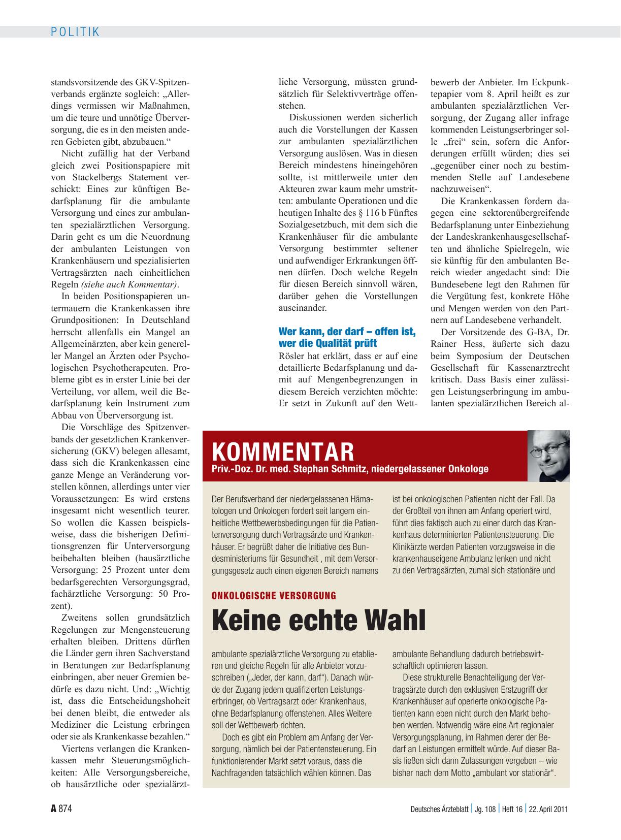 Vorschauseite 1: Onkologische Versorgung: Keine echte Wahl