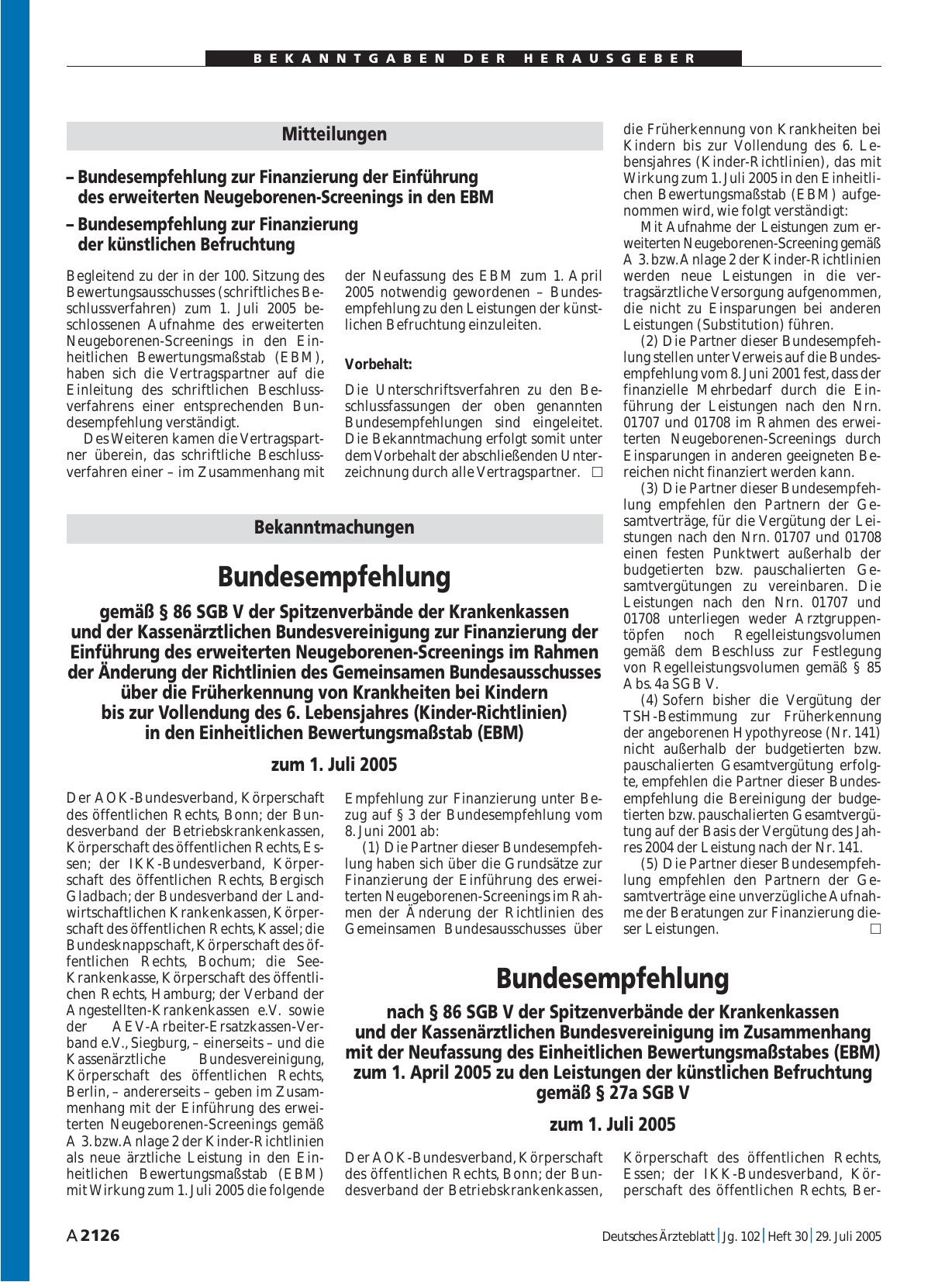 Vorschauseite 1: Bundesempfehlung nach § 86 SGB V der Spitzenverbände der Krankenkassen und der Kassenärztlichen Bundesvereinigung im Zusammenhang mit der Neufassung des Einheitlichen Bewertungsma…