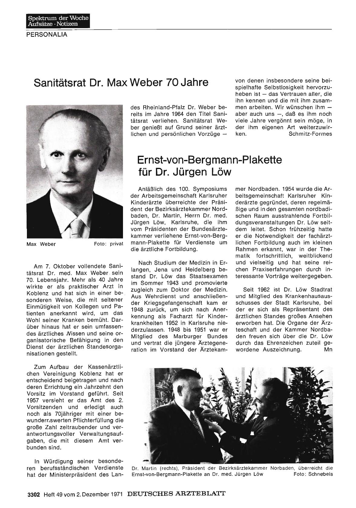 Vorschauseite 1: Sanitätsrat Dr. Max Weber 70 Jahre
