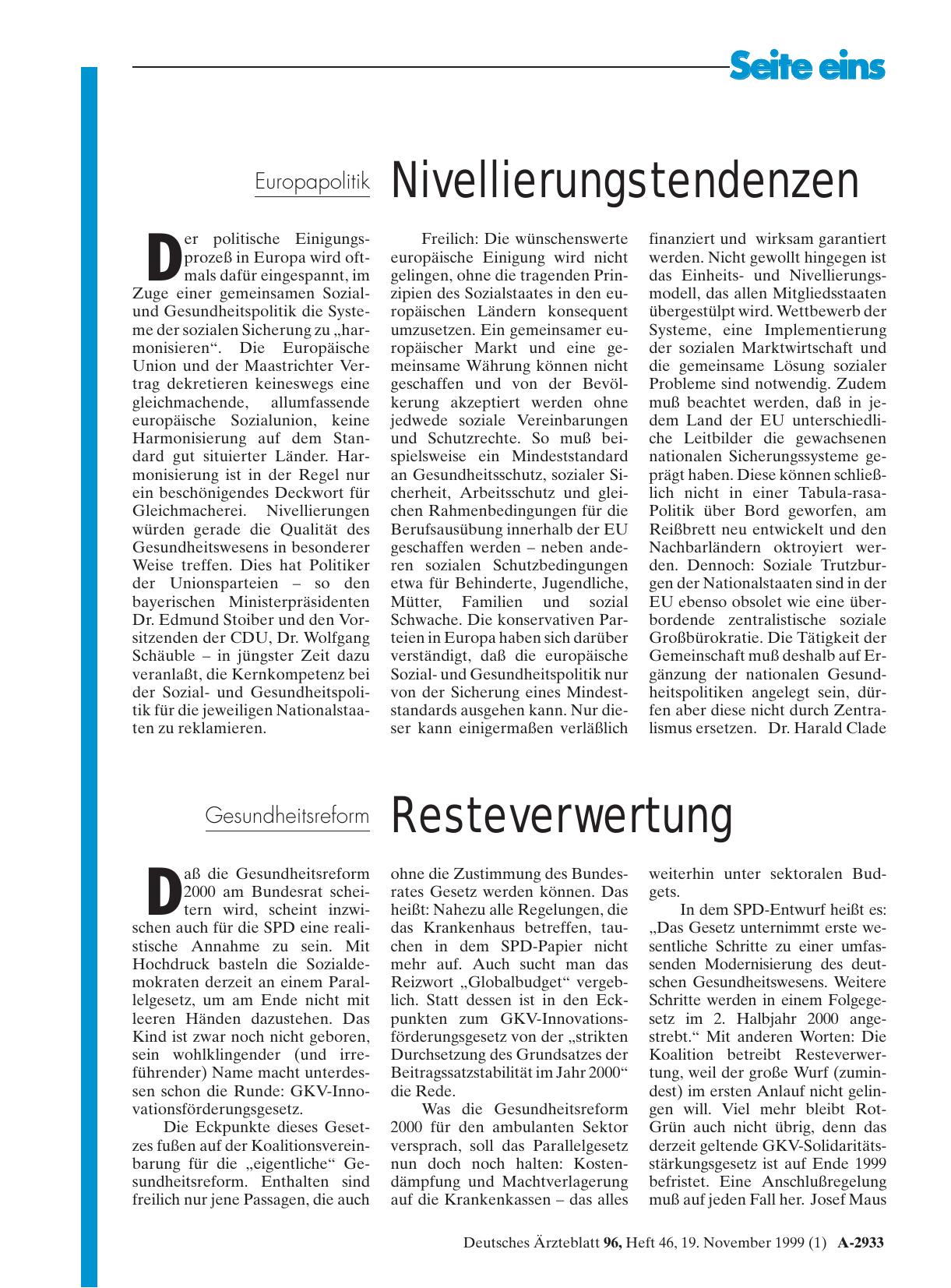 Vorschauseite 1: Europapolitik Nivellierungstendenzen