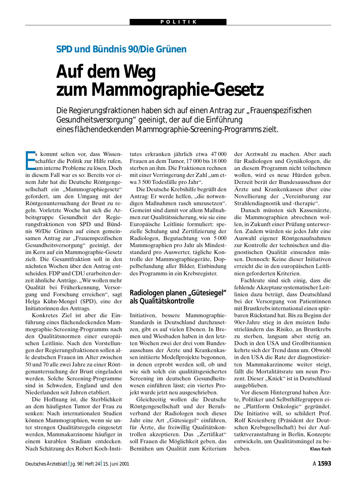 Vorschauseite 1: SPD und Bündnis 90/Die Grünen: Auf dem Weg zum Mammographie-Gesetz