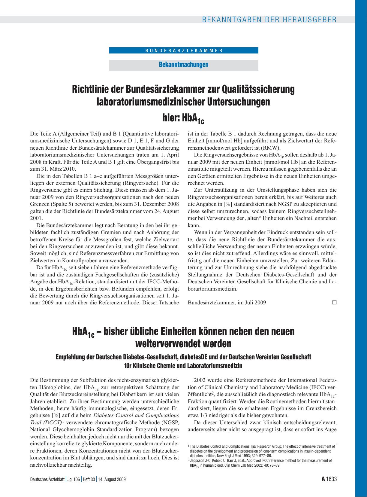 Vorschauseite 1: Bekanntmachungen: Richtlinie der Bundesärztekammer zur Qualitätssicherung laboratoriumsmedizinischer Untersuchungen hier: HbA1c