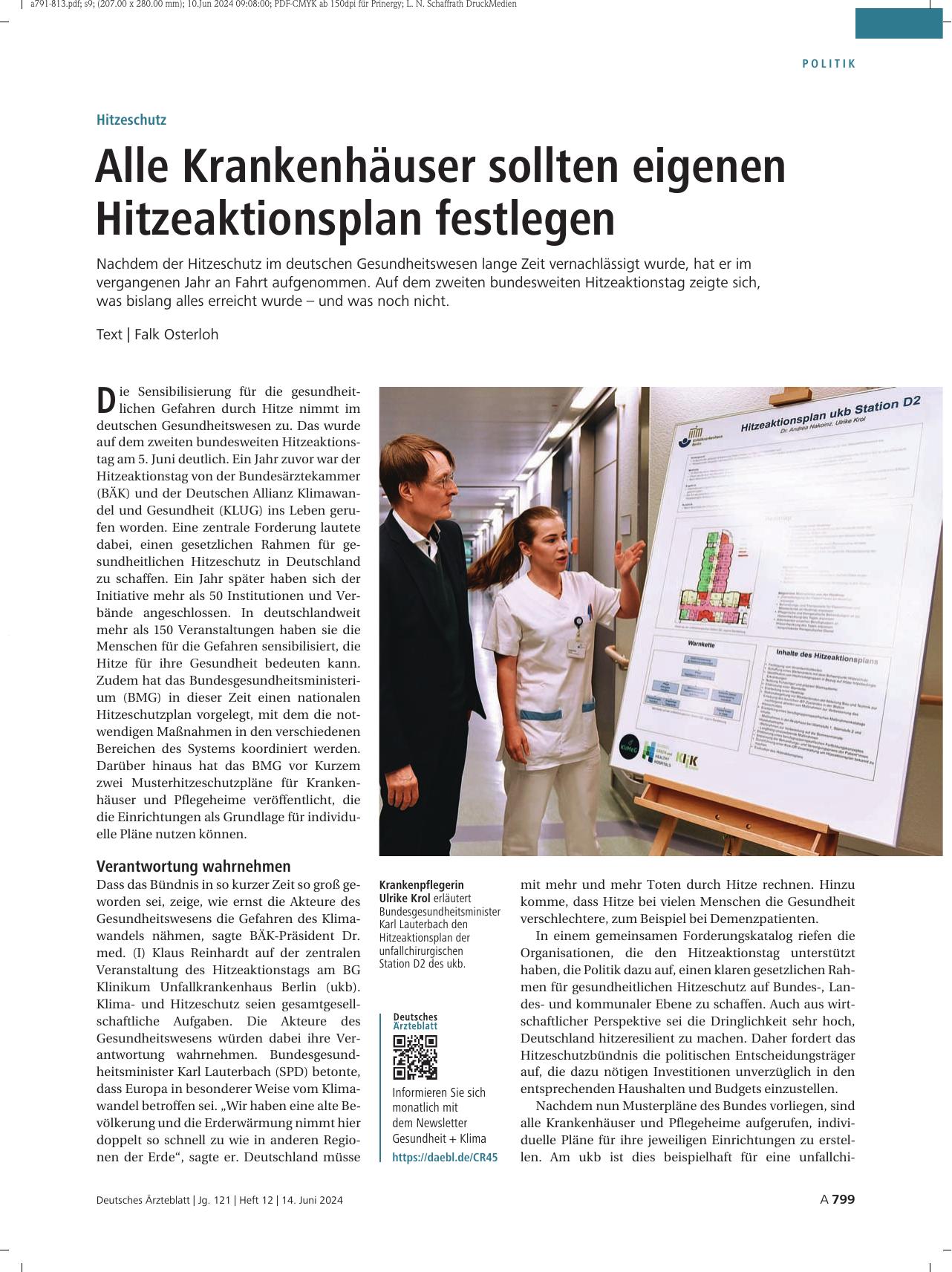Vorschauseite 1: Hitzeschutz: Alle Krankenhäuser sollten einen eigenen Hitzeaktionsplan festlegen.