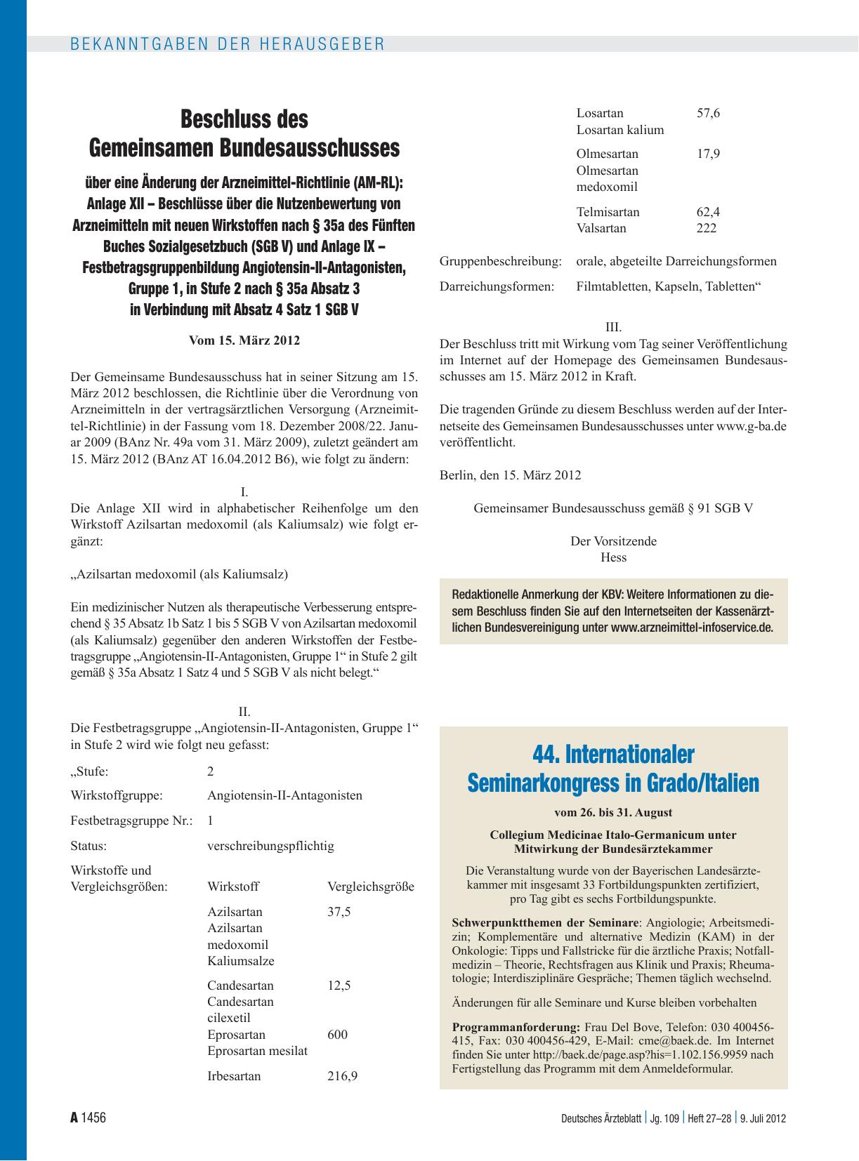 Vorschauseite 1: Beschluss des Gemeinsamen Bundesausschusses über eine Änderung der Arzneimittel-Richtlinie (AM-RL): Anlage XII – Beschlüsse über die Nutzenbewertung von Arzneimitteln mit neuen Wi…