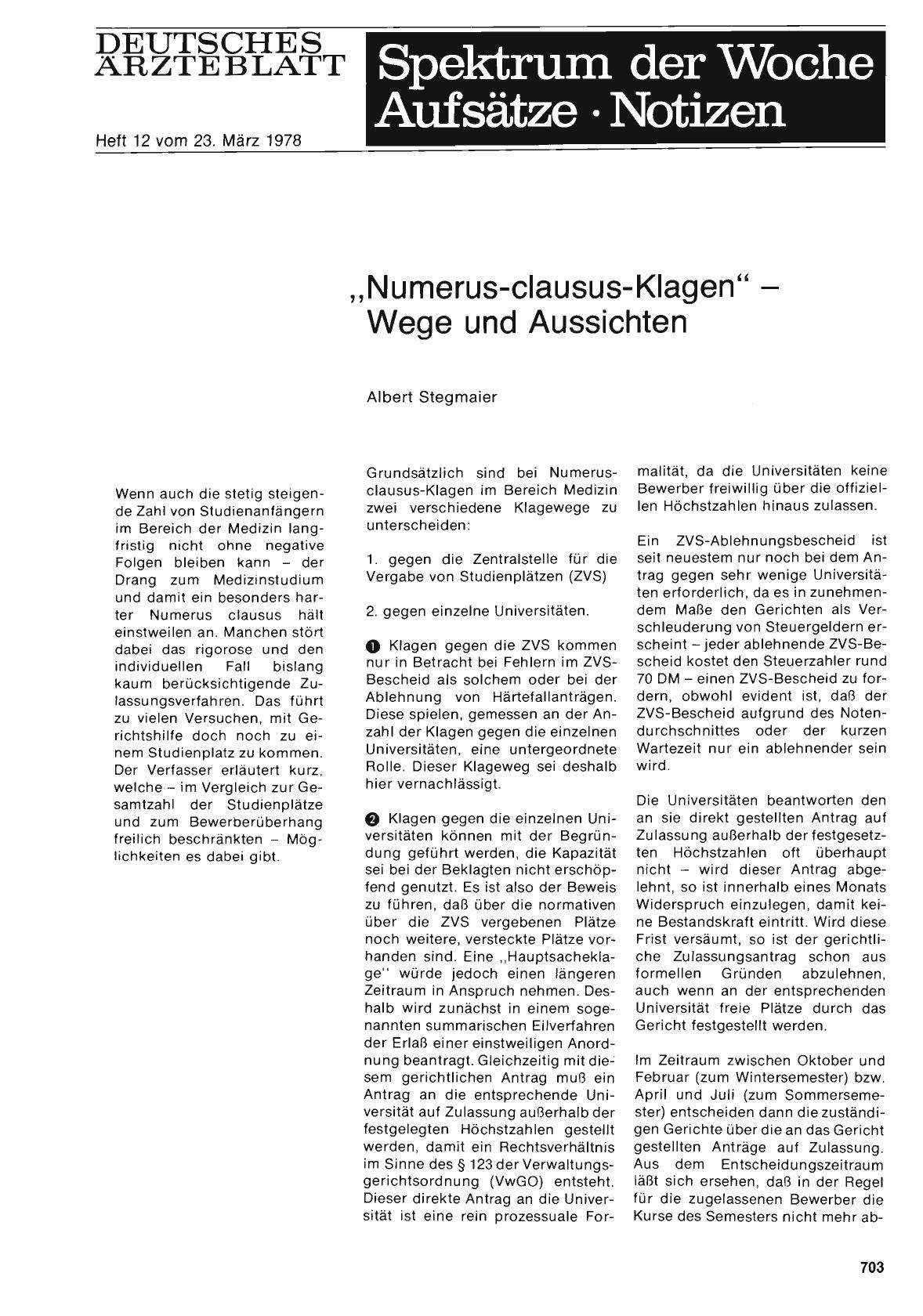 Vorschauseite 1: „Numerus-clausus-Klagen“ — Wege und Aussichten