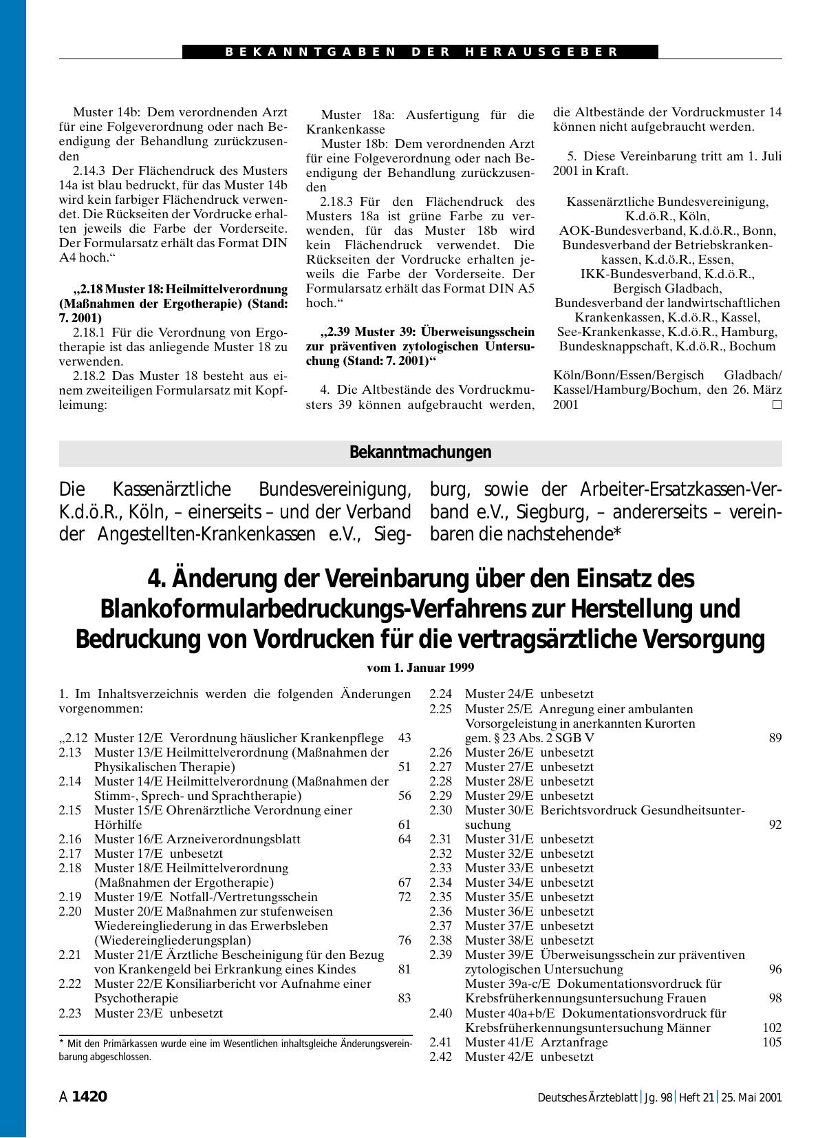 Vorschauseite 1: 4. Änderung der Vereinbarung über den Einsatz des Blankoformularbedruckungs-Verfahrens zur Herstellung und Bedruckung von Vordrucken für die vertragsärztliche Versorgung vom 1. Ja…