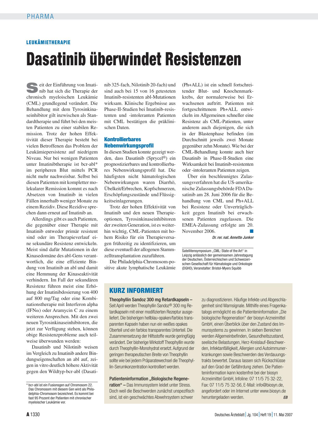 Vorschauseite 1: LeukämieTherapie: Dasatinib überwindet Resistenzen