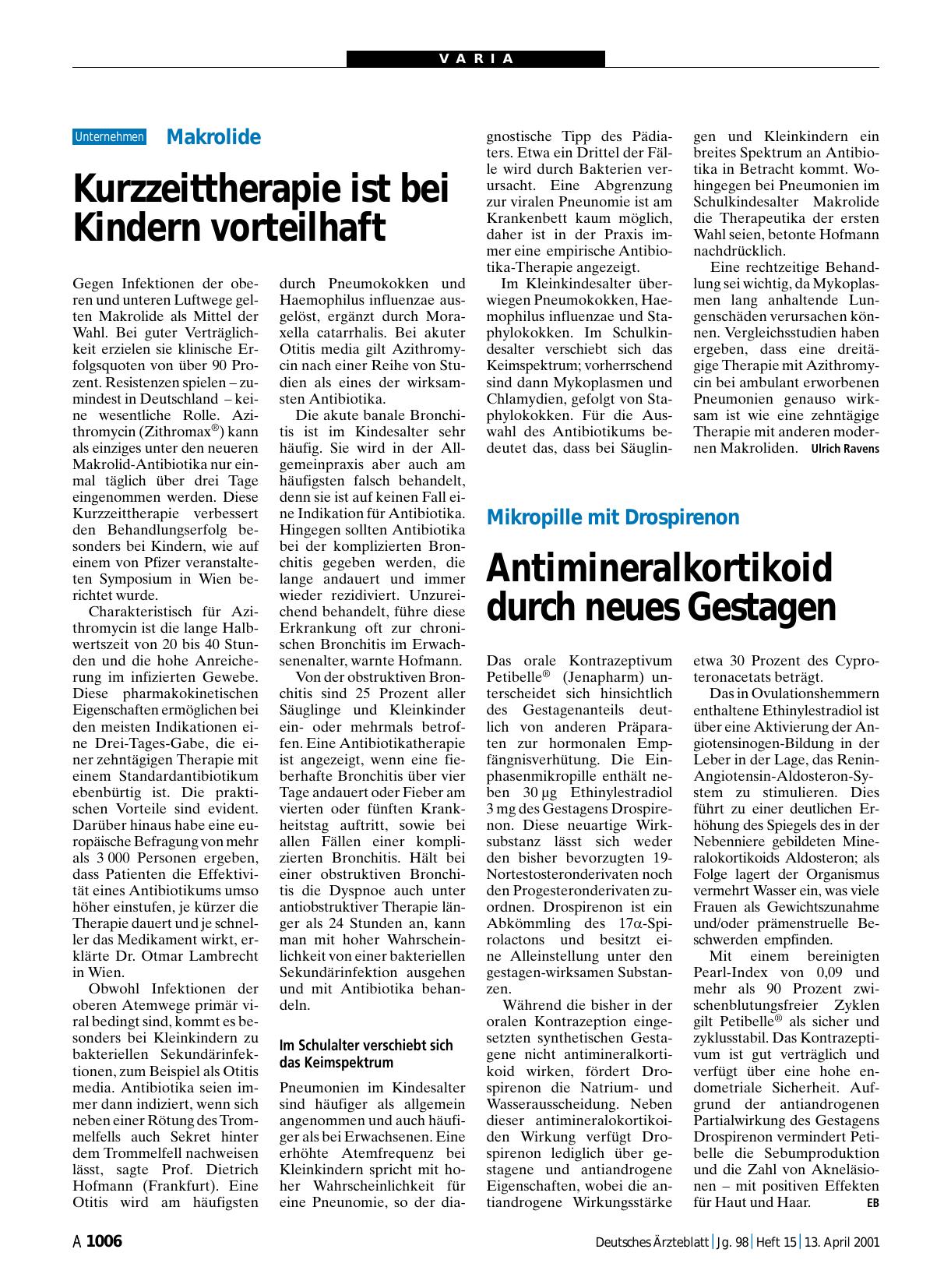 Vorschauseite 1: Mikropille mit Drospirenon: Antimineralkortikoid durch neues Gestagen