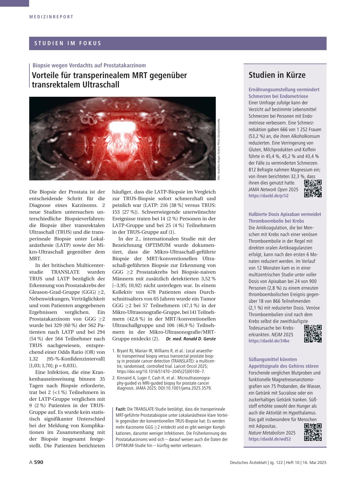 Vorschauseite 1: Biopsie wegen Verdachts auf Prostatakarzinom: Vorteile für transperinealem MRT gegenüber transrektalem Ultraschall