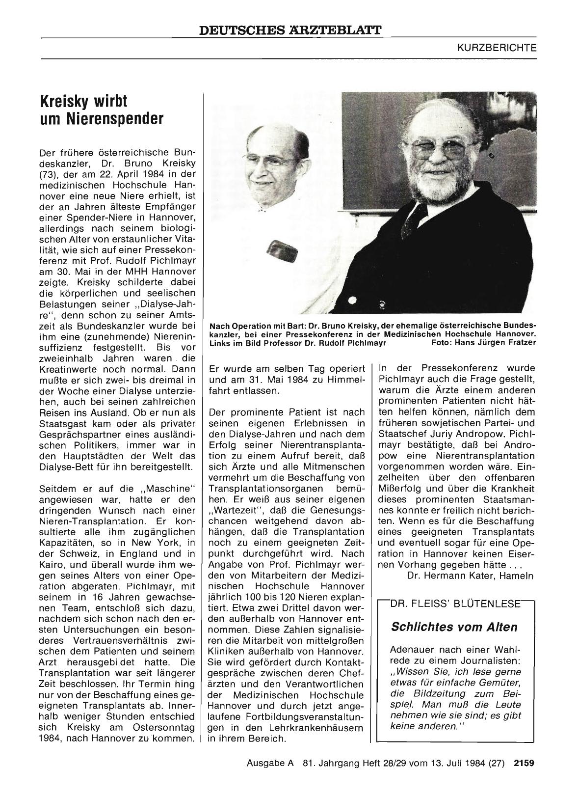 Vorschauseite 1: Kreisky wirbt um Nierenspender