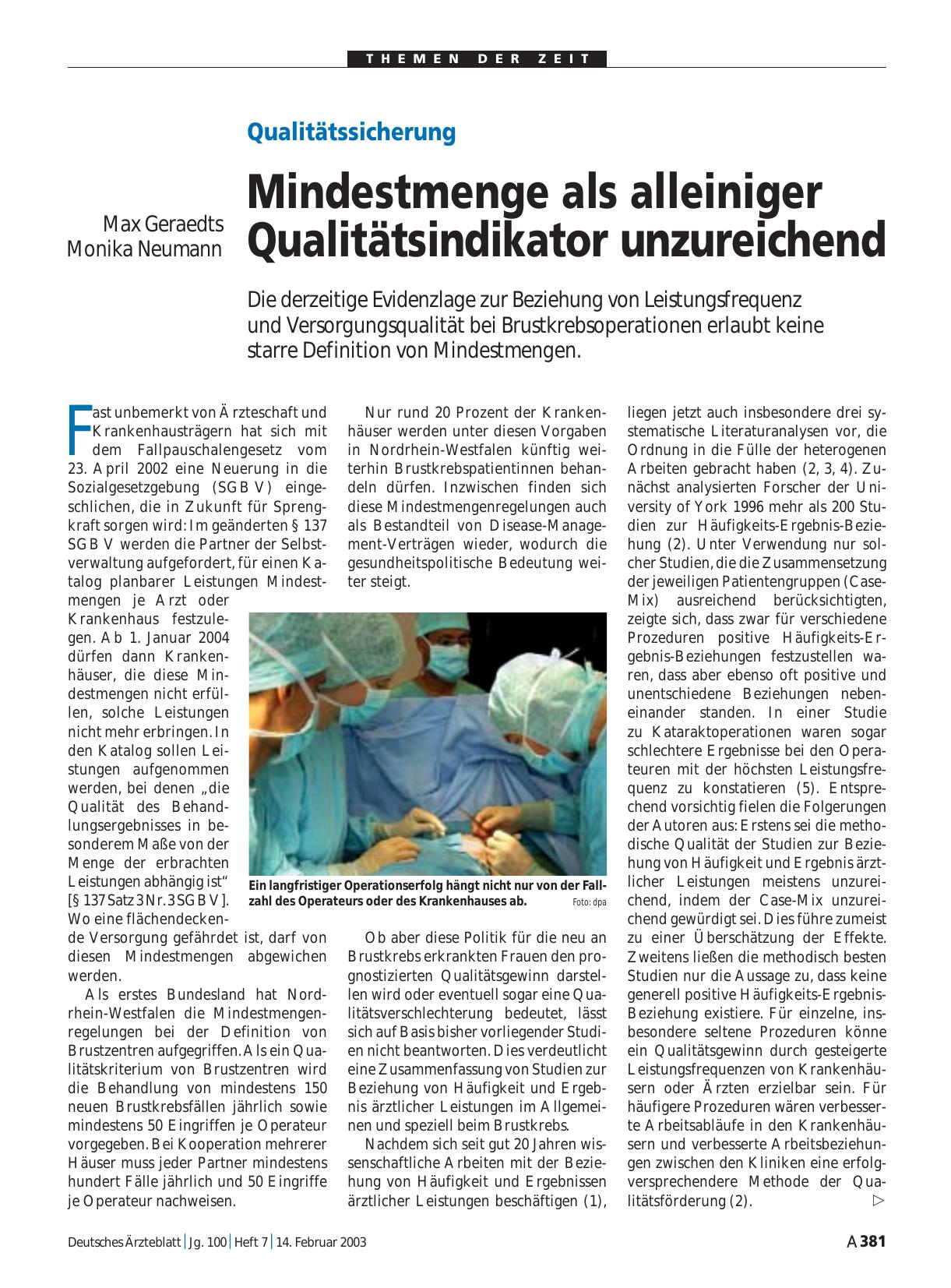 Vorschauseite 1: Qualitätssicherung: Mindestmenge als alleiniger Qualitätsindikator unzureichend