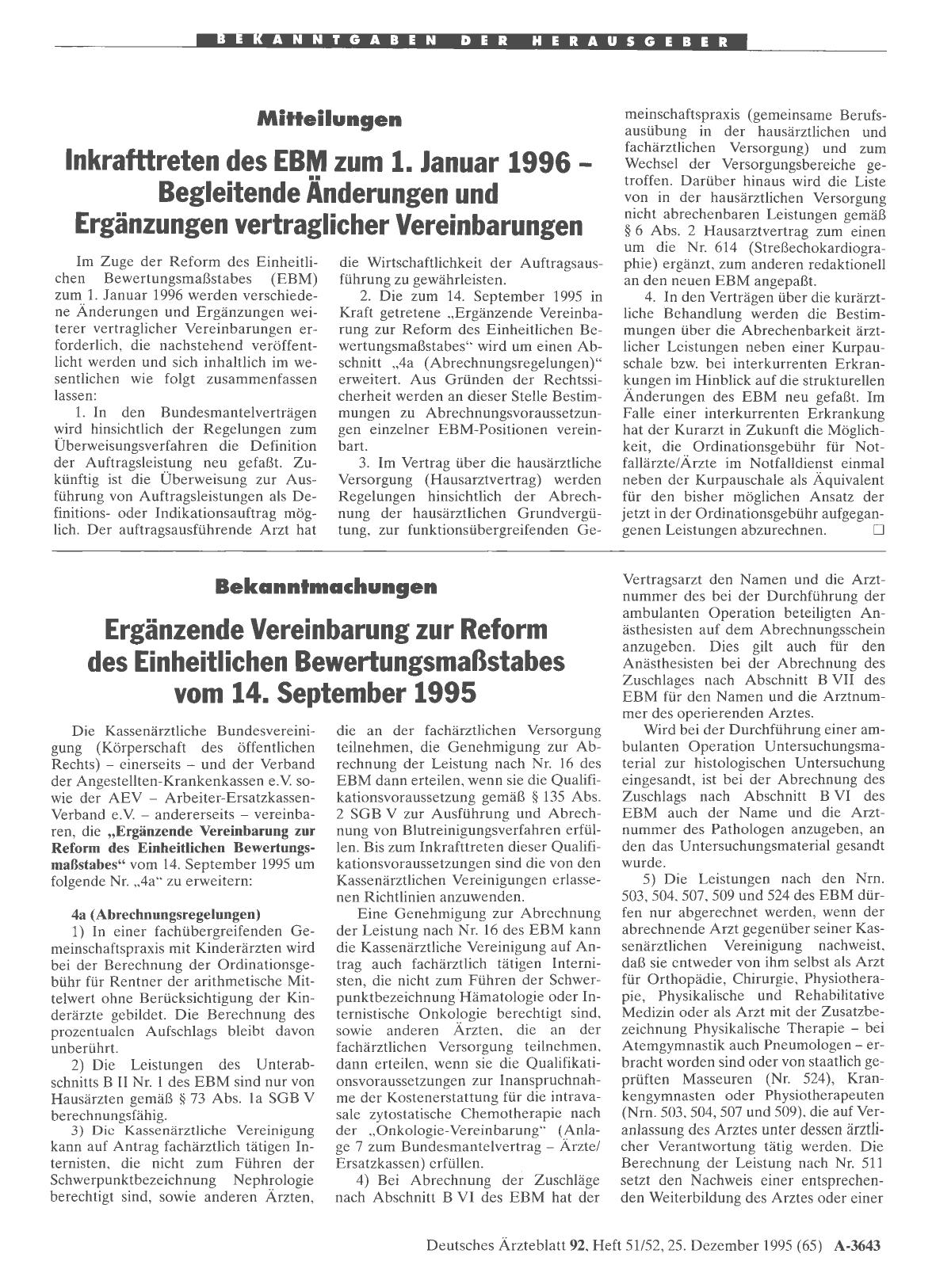 Vorschauseite 1: Bekanntmachungen: Ergänzende Vereinbarung zur Reform des Einheitlichen Bewertungsmaßstabes vom 14. September 1995