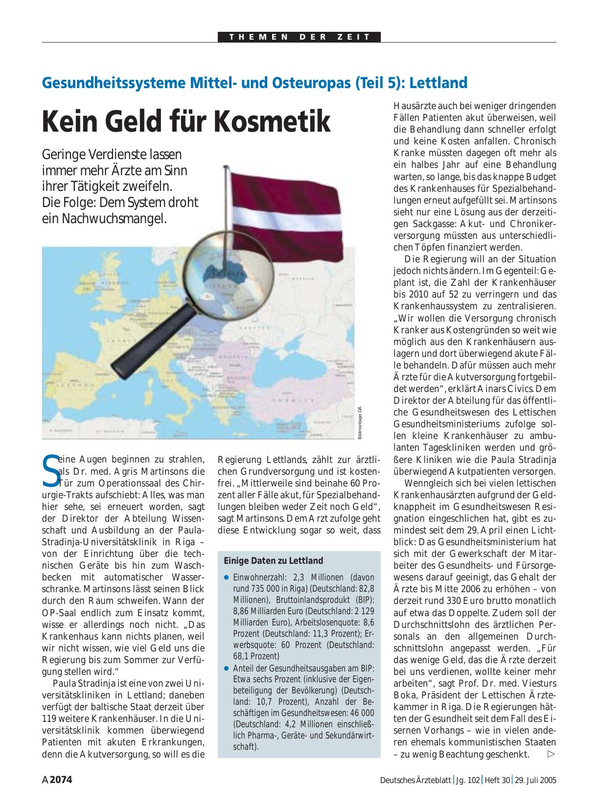 Vorschauseite 1: Gesundheitssysteme Mittelund Osteuropas (Teil 5) - Lettland: Kein Geld für Kosmetik